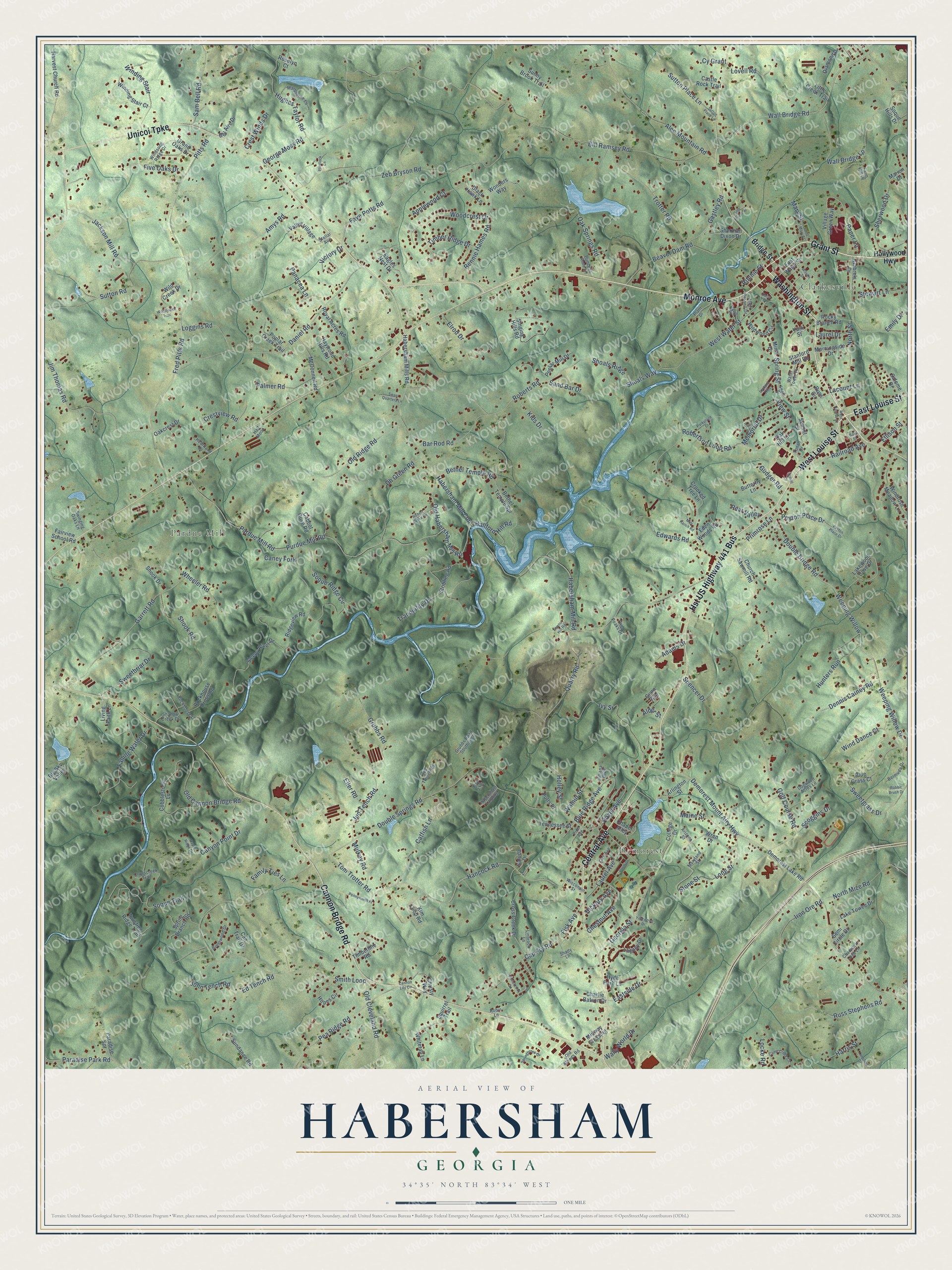 Full map of Habersham, Georgia, with red buildings, printed street names and the land around them