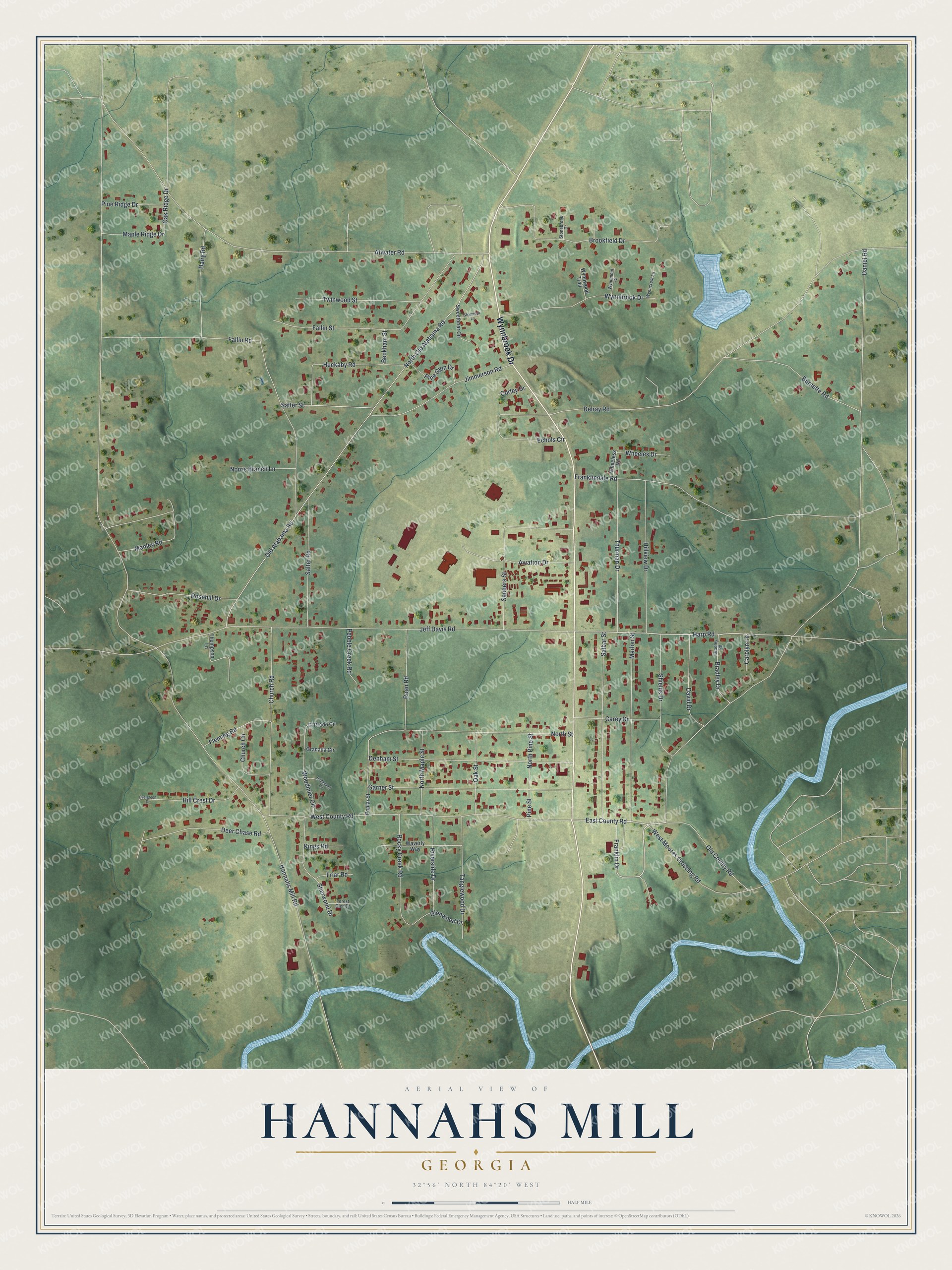 Full map of Hannahs Mill, Georgia, with red buildings, printed street names and the land around them