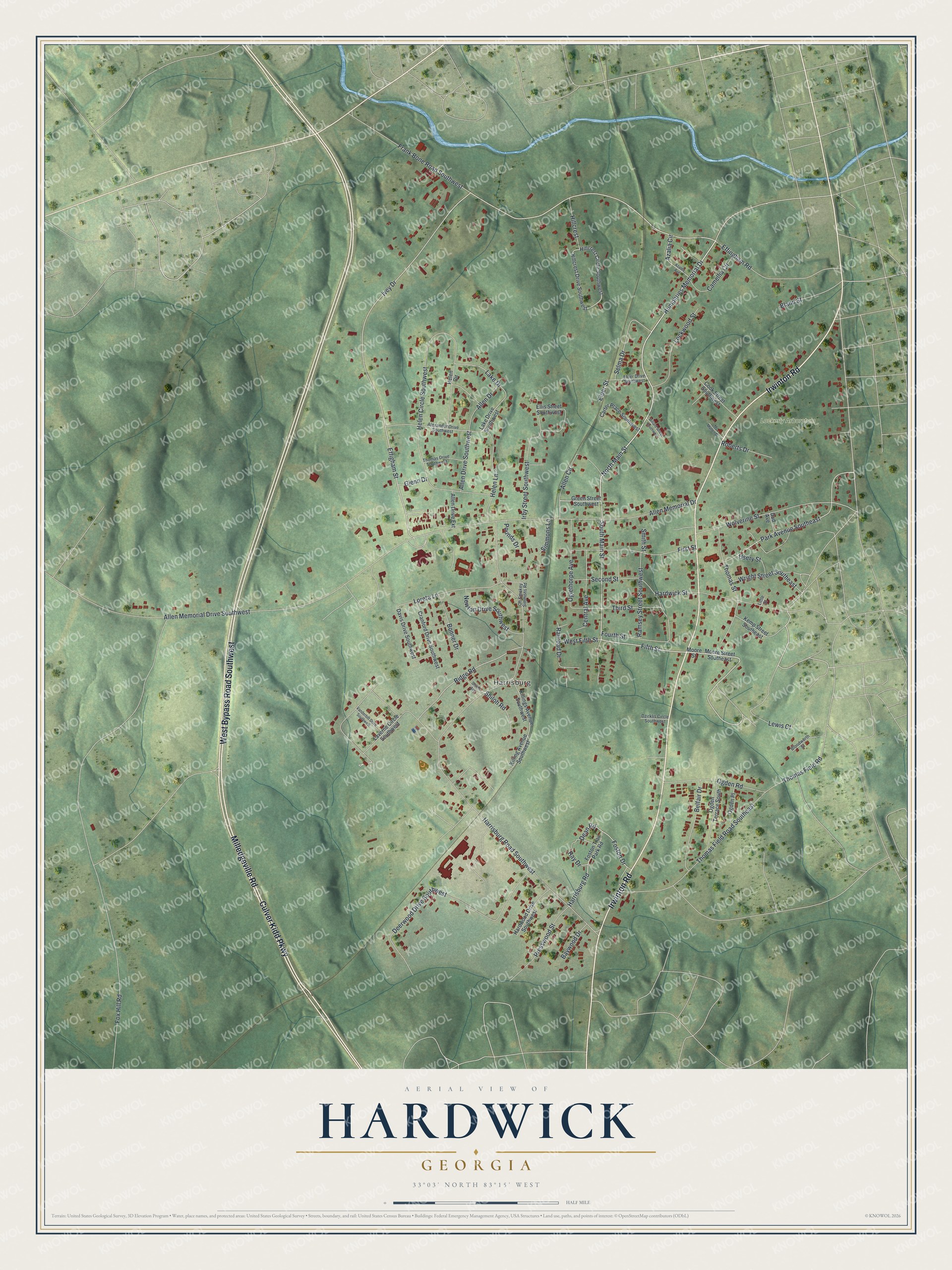 Full map of Hardwick, Georgia, with red buildings, printed street names and the land around them