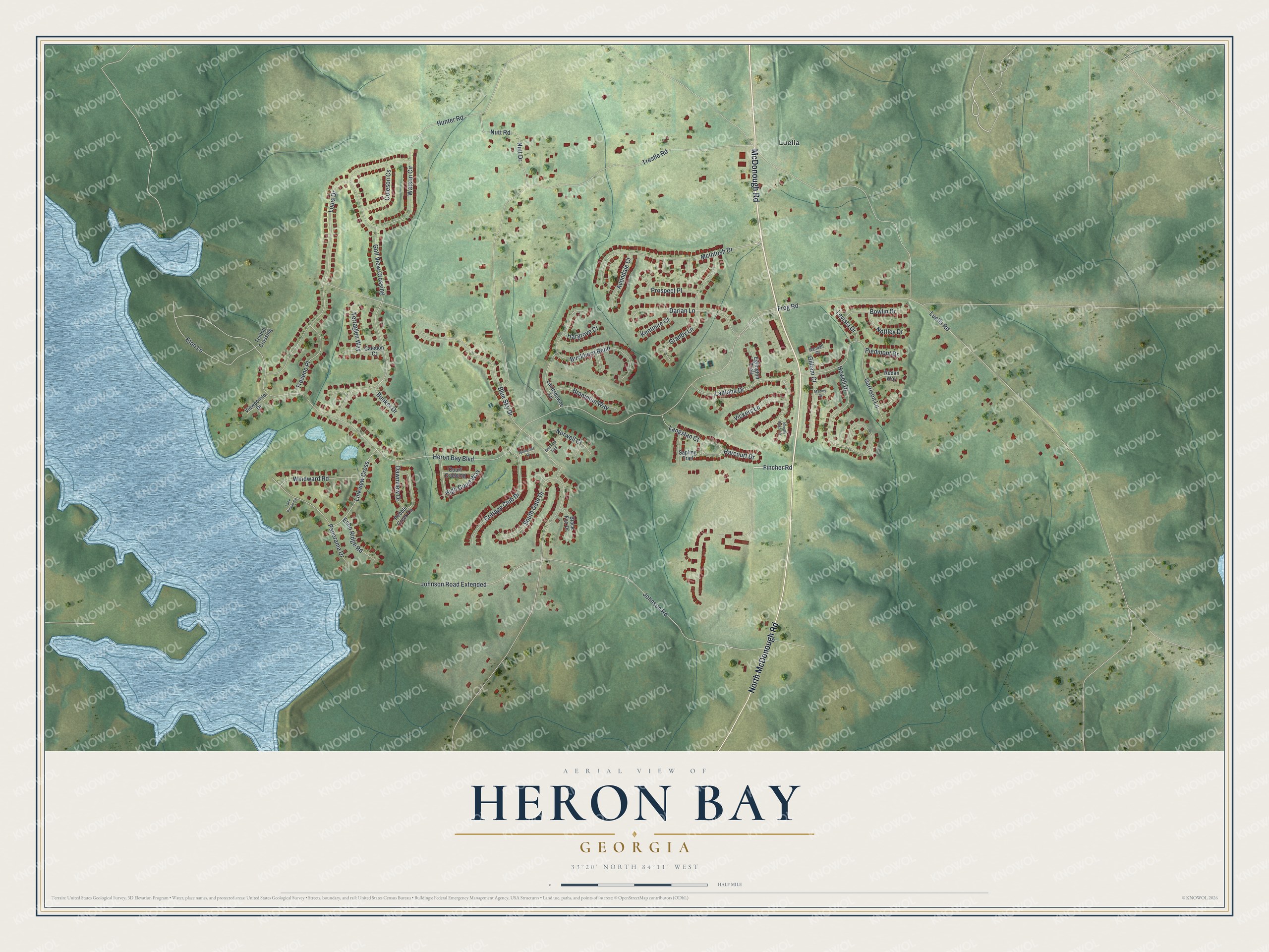 Full map of Heron Bay, Georgia, with red buildings, printed street names and the land around them