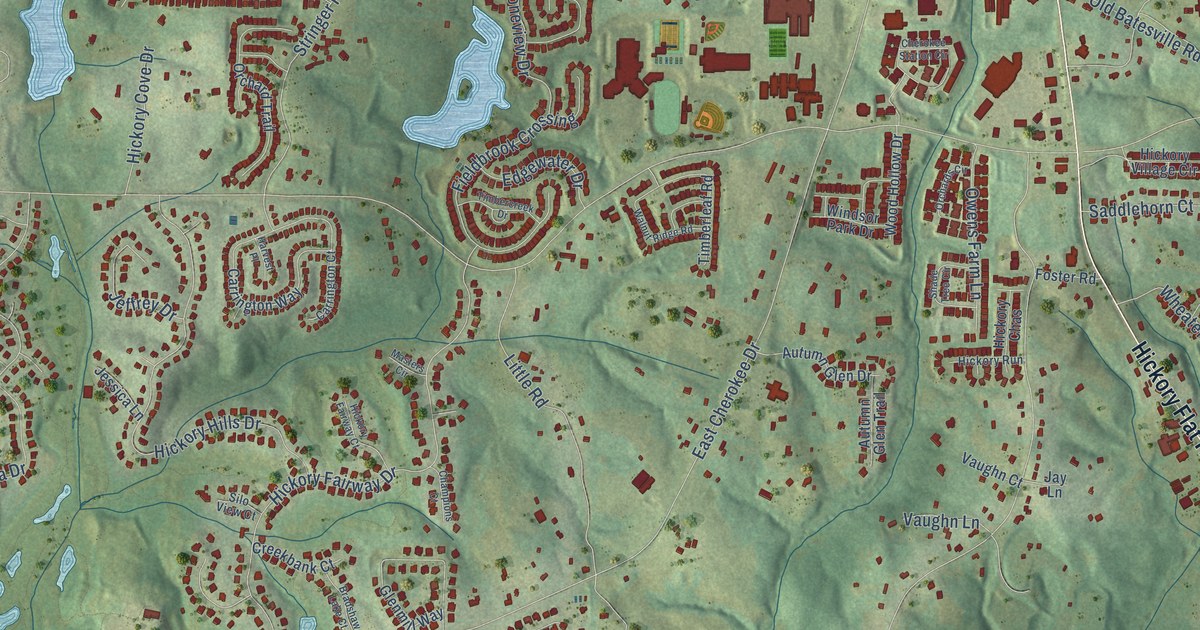 Close-up of streets and buildings in Hickory Flat, Georgia
