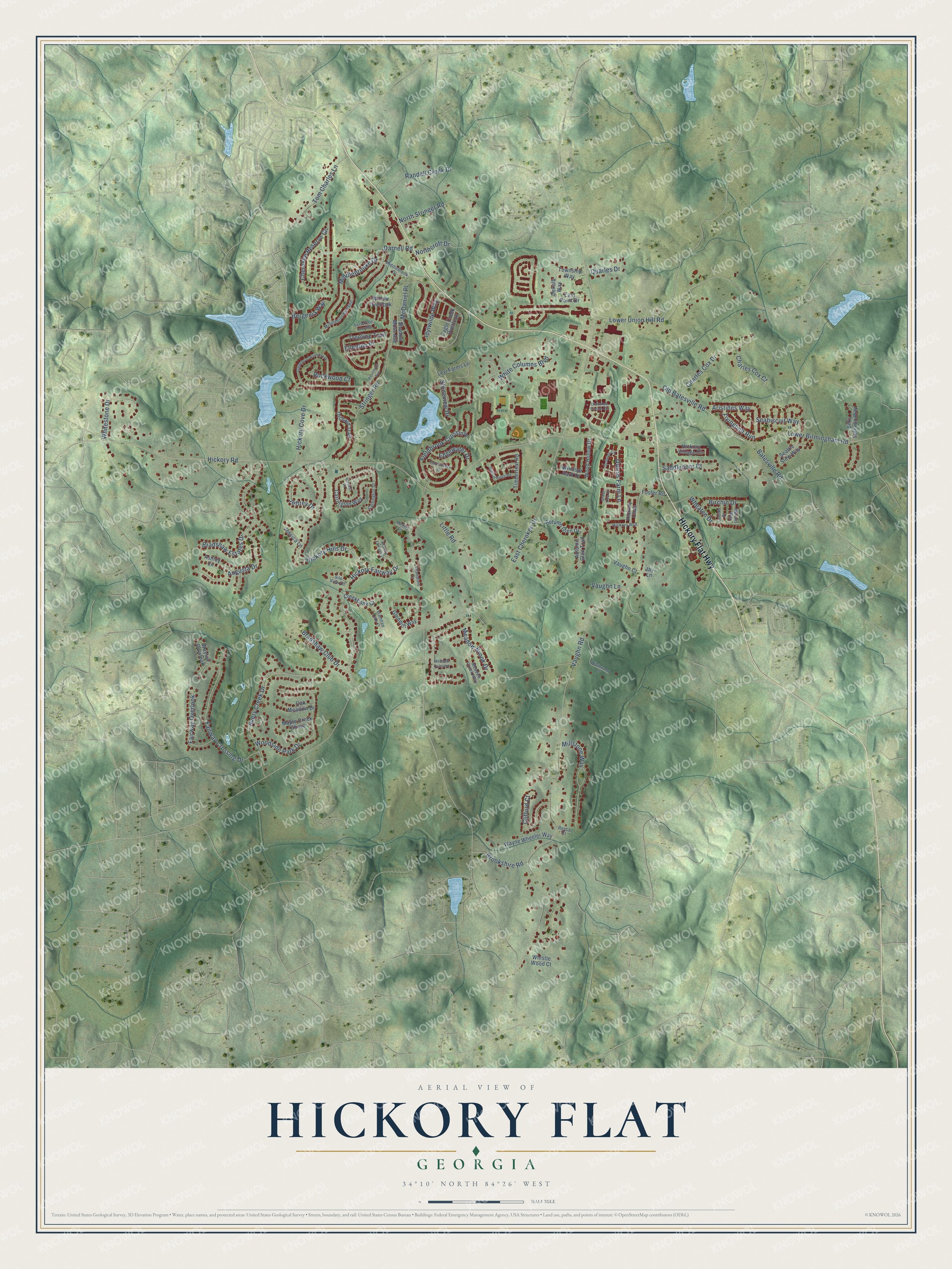 Full map of Hickory Flat, Georgia, with red buildings, printed street names and the land around them