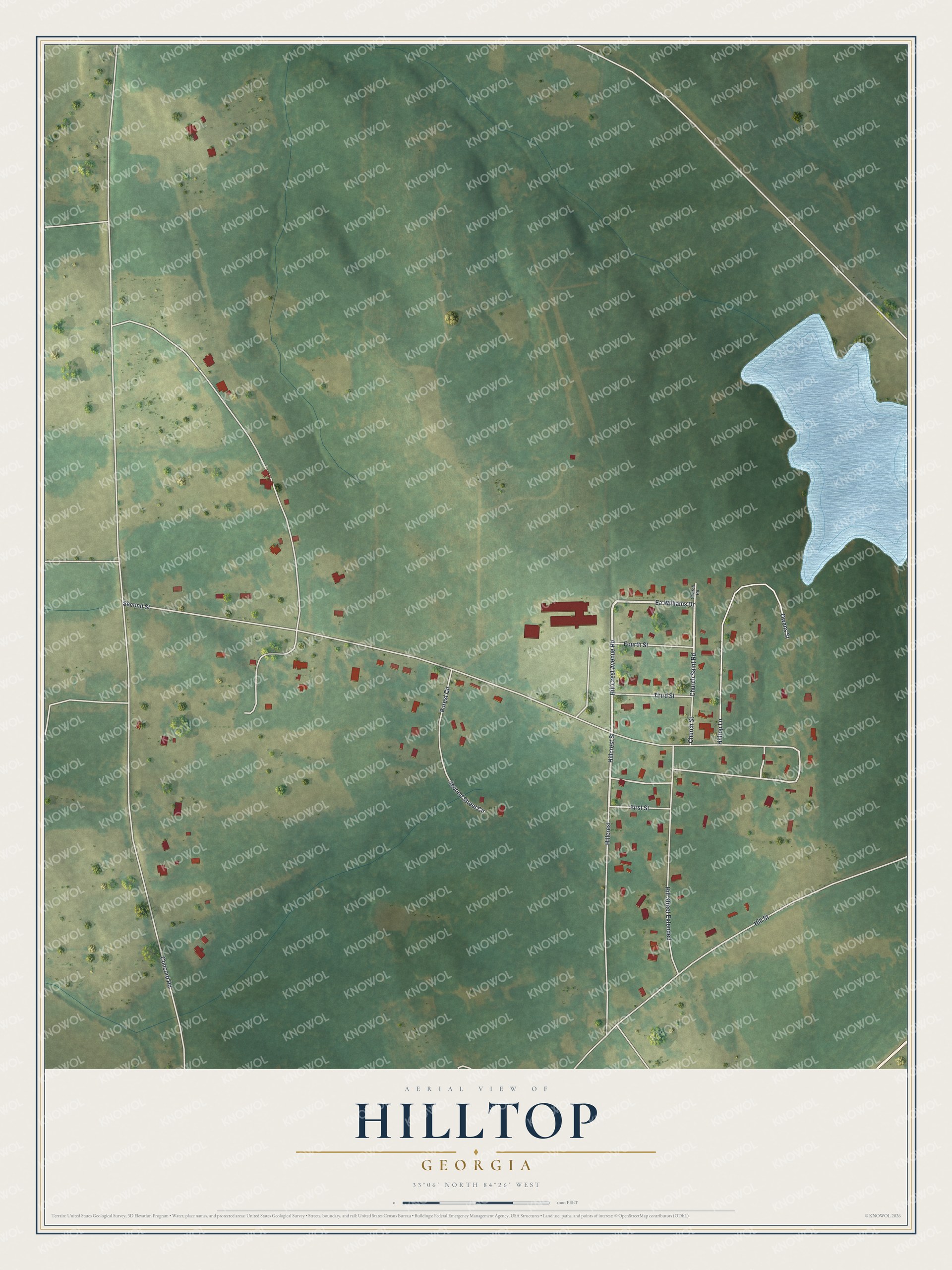 Full map of Hilltop, Georgia, with red buildings, printed street names and the land around them