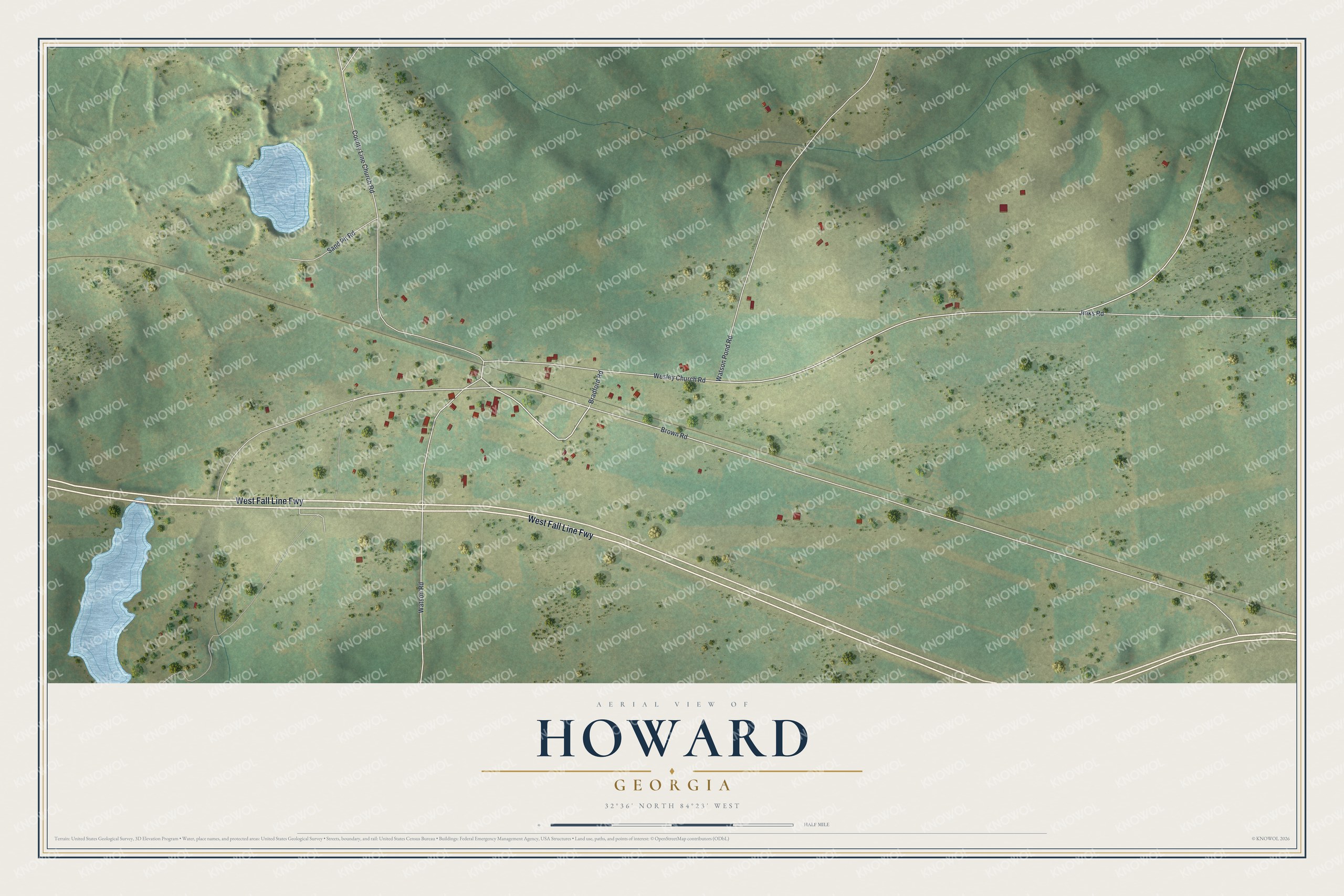 Full map of Howard, Georgia, with red buildings, printed street names and the land around them