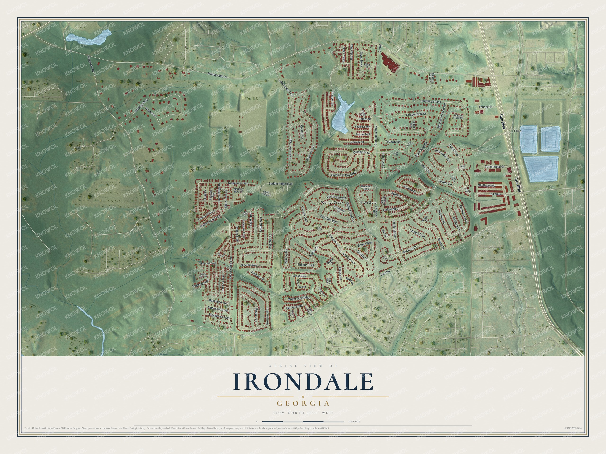 Full map of Irondale, Georgia, with red buildings, printed street names and the land around them