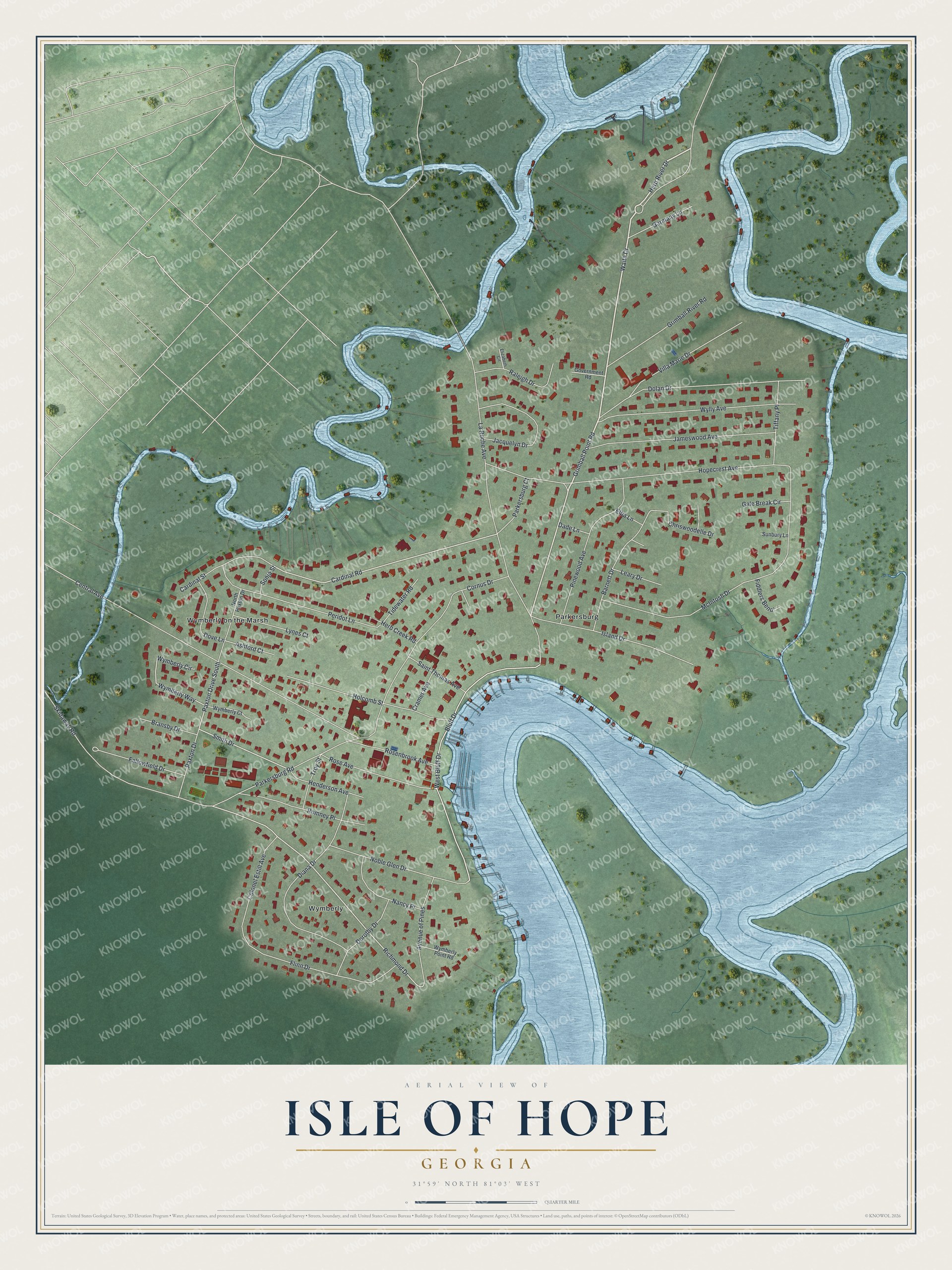 Full map of Isle of Hope, Georgia, with red buildings, printed street names and the land around them