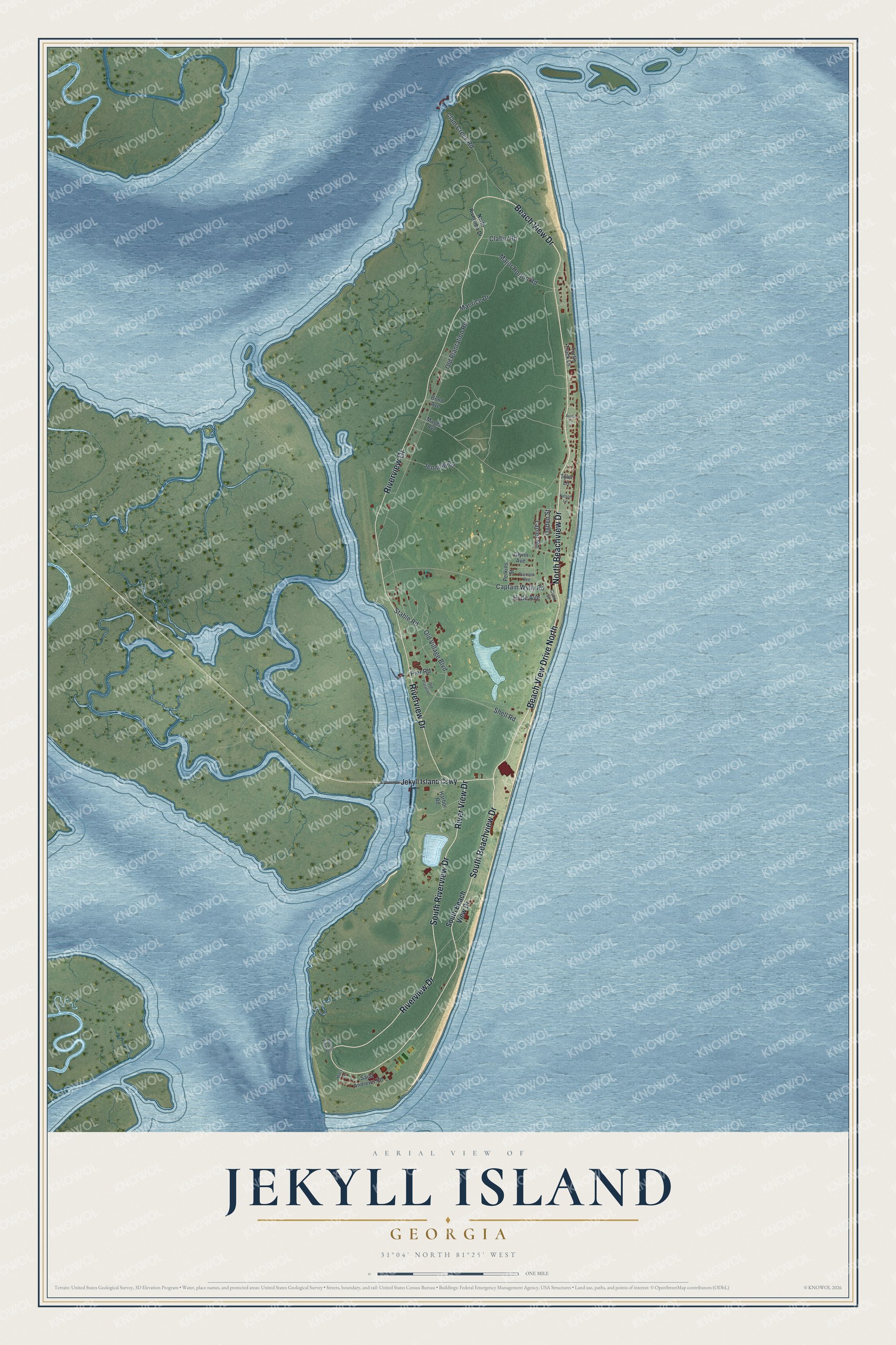 Full map of Jekyll Island, Georgia, with red buildings, printed street names and the land around them