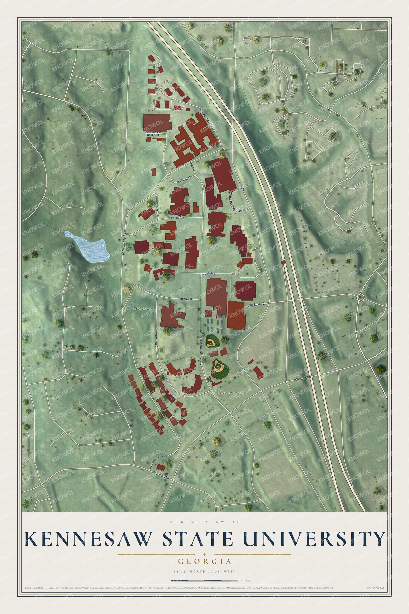 Full map of Kennesaw State University, Georgia, with red buildings, printed street names and the land around them
