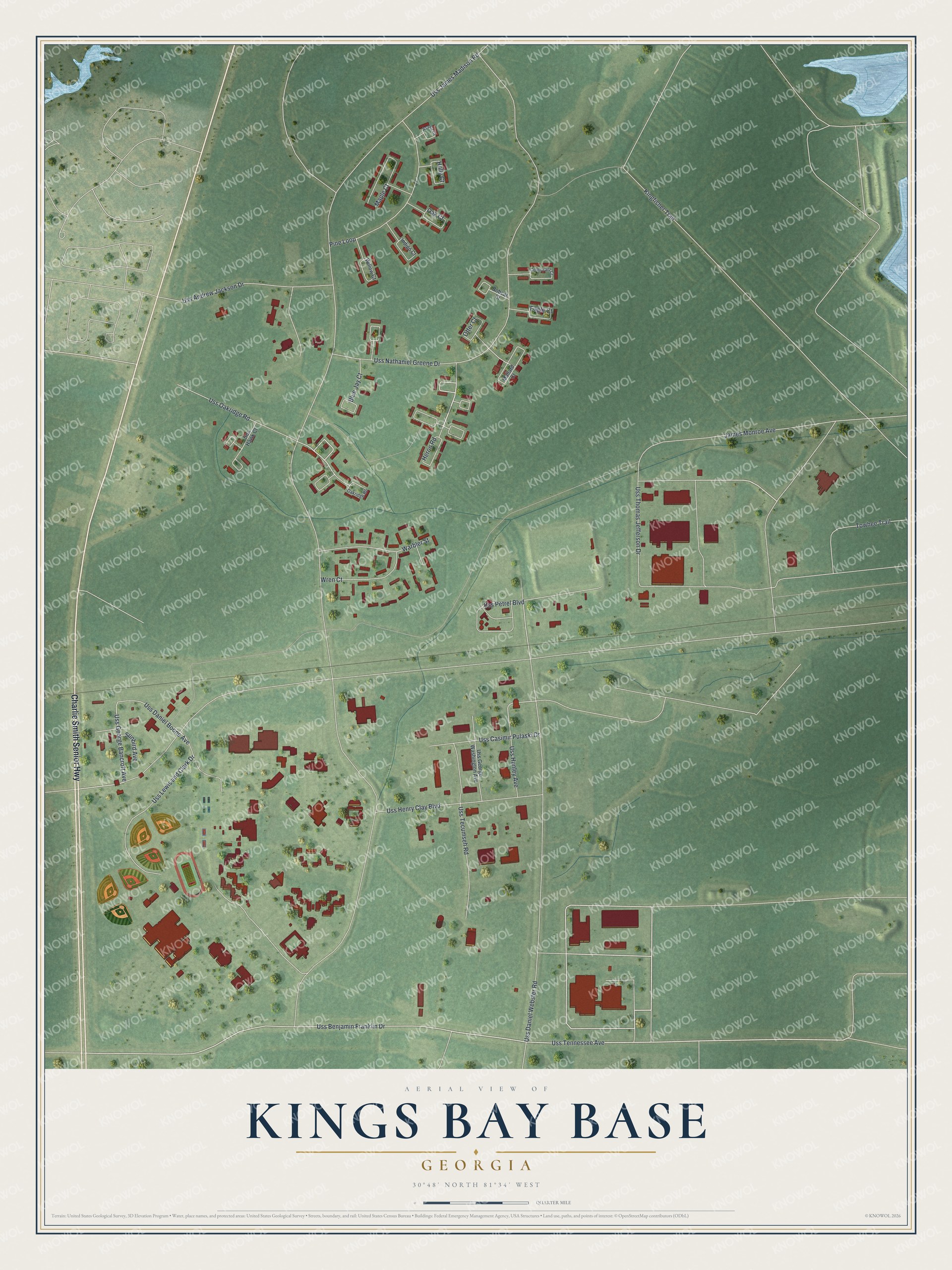 Full map of Kings Bay Base, Georgia, with red buildings, printed street names and the land around them