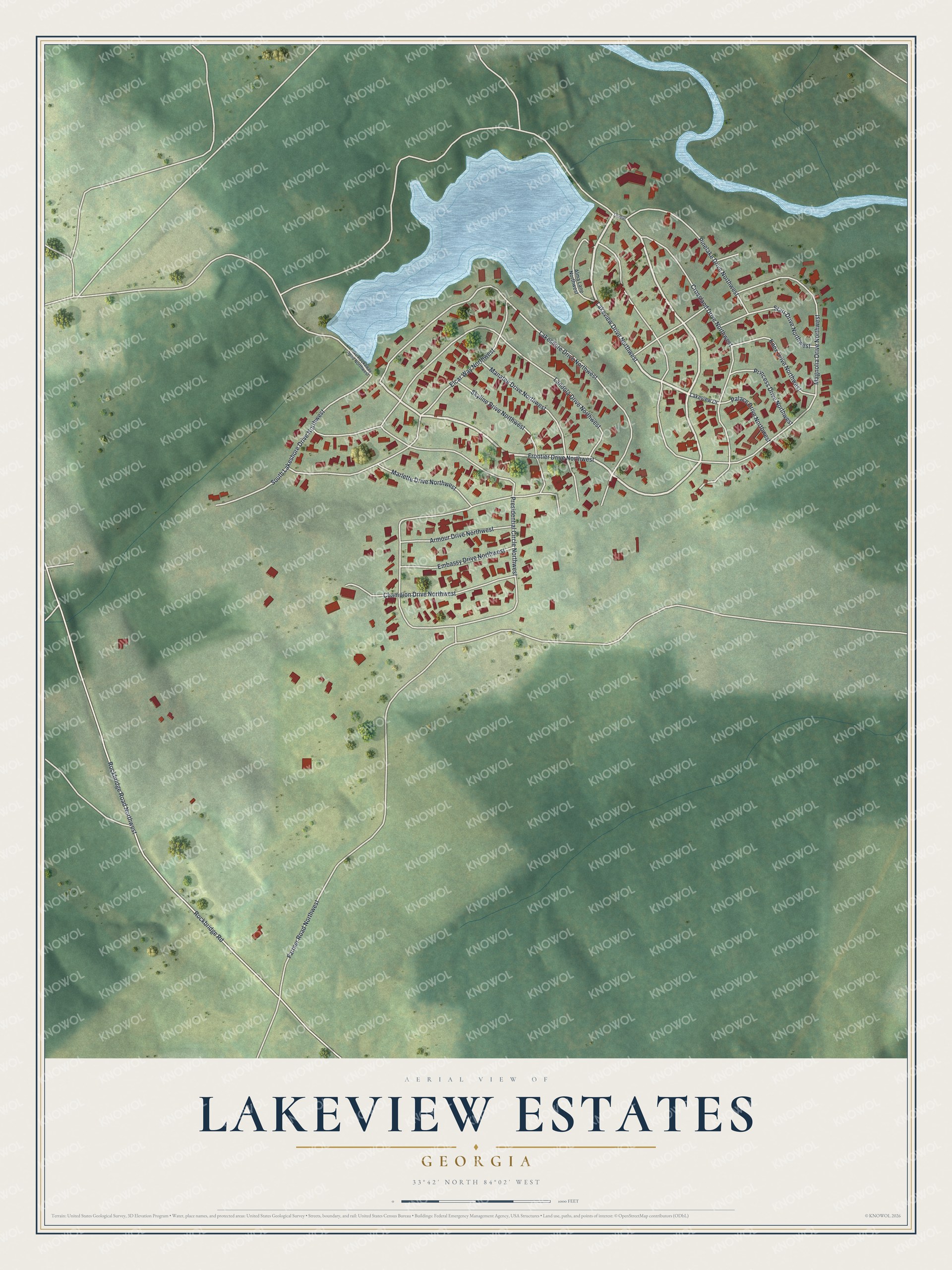 Full map of Lakeview Estates, Georgia, with red buildings, printed street names and the land around them