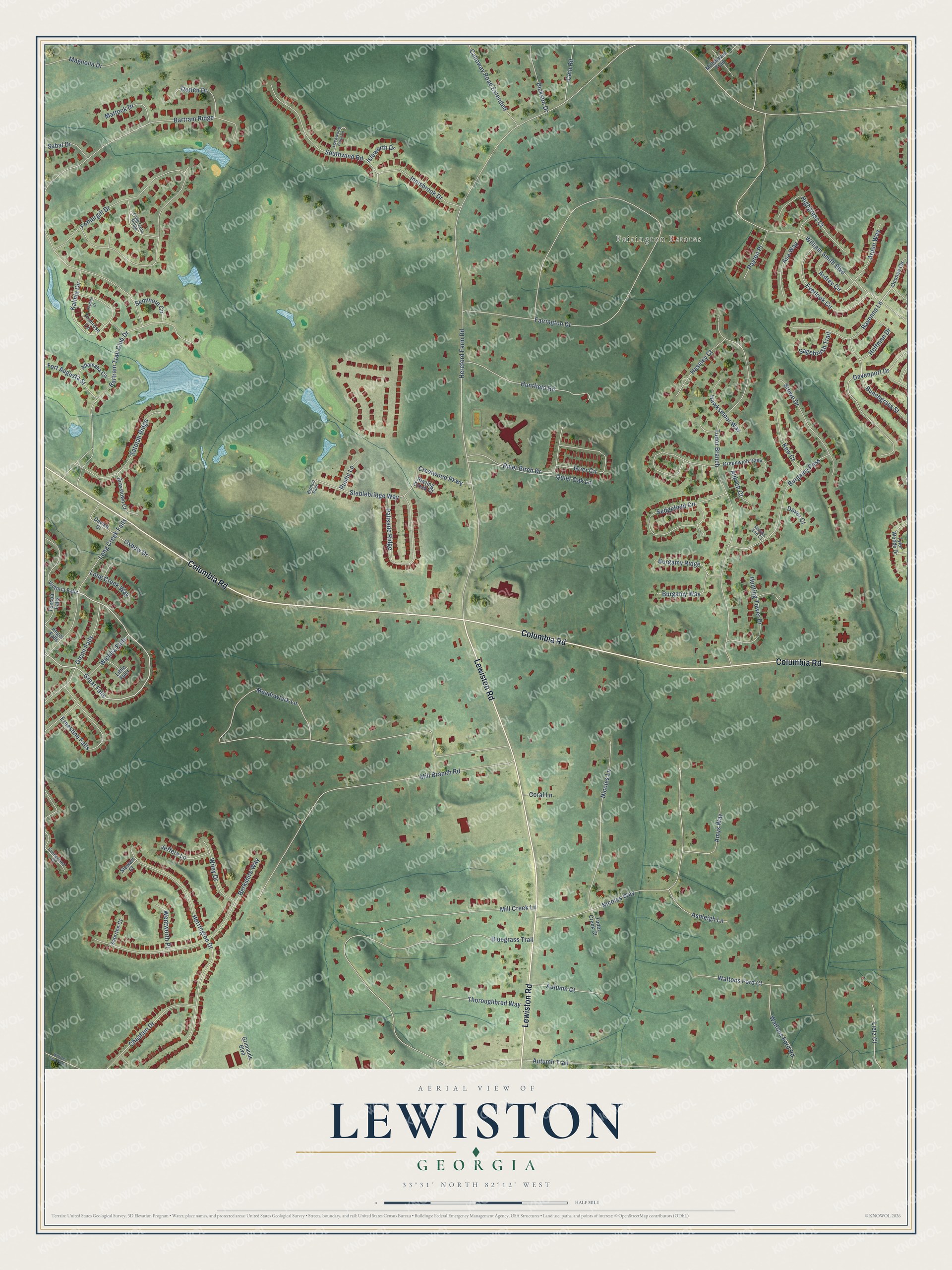 Full map of Lewiston, Georgia, with red buildings, printed street names and the land around them