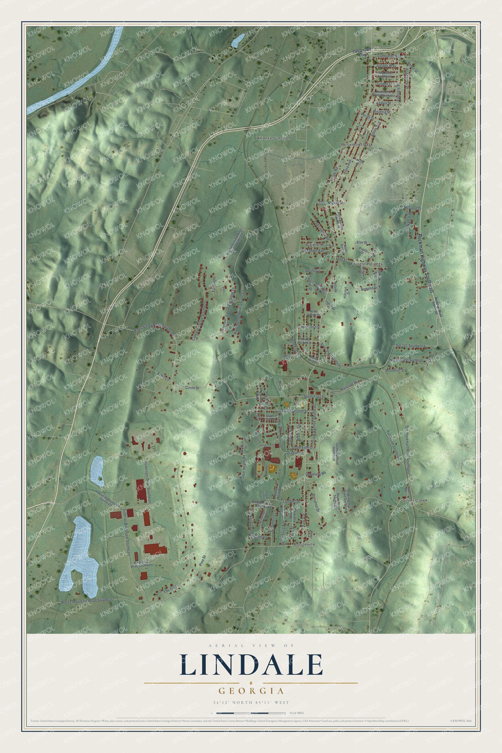 Full map of Lindale, Georgia, with red buildings, printed street names and the land around them