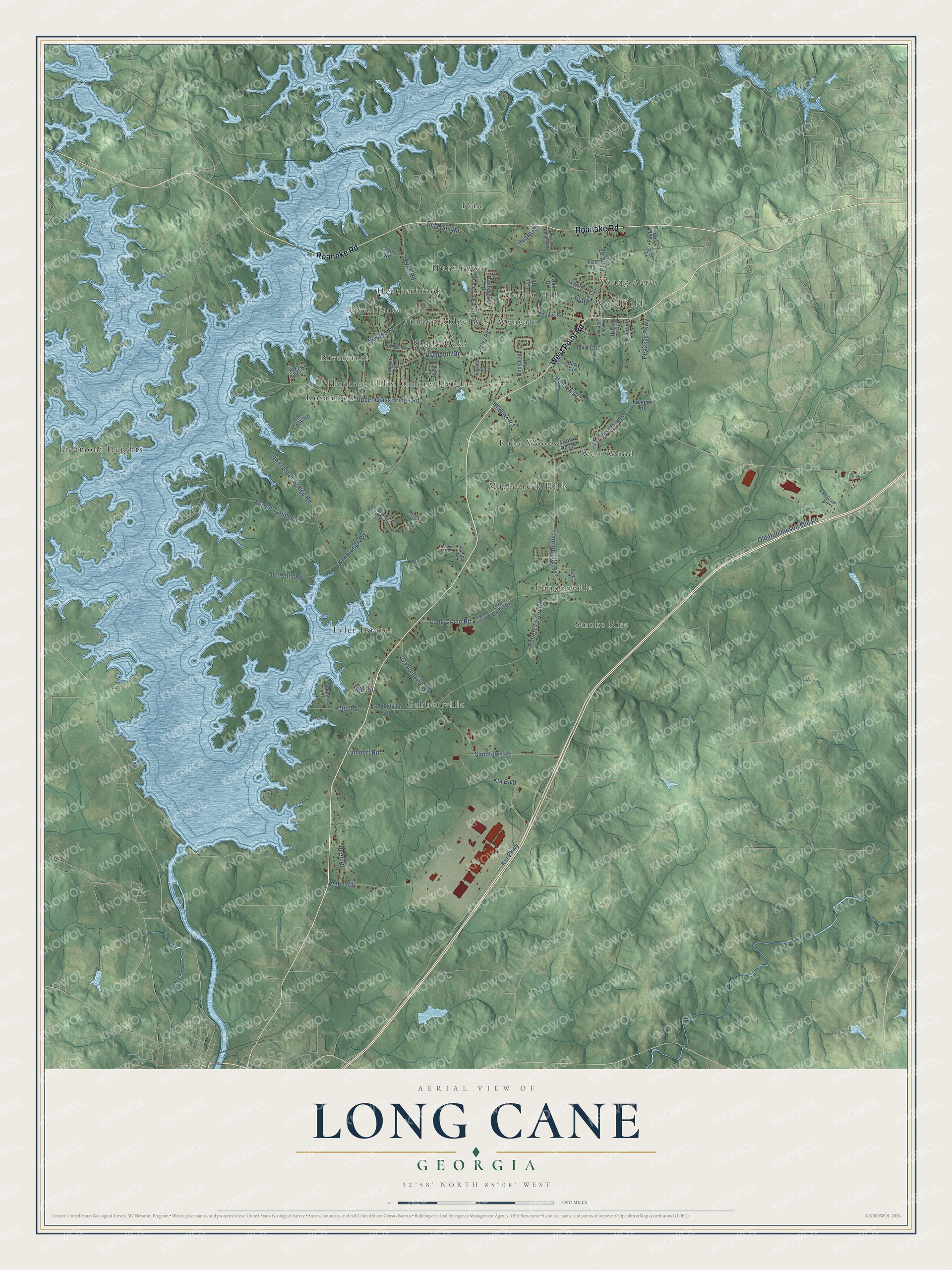 Full map of Long Cane, Georgia, with red buildings, printed street names and the land around them