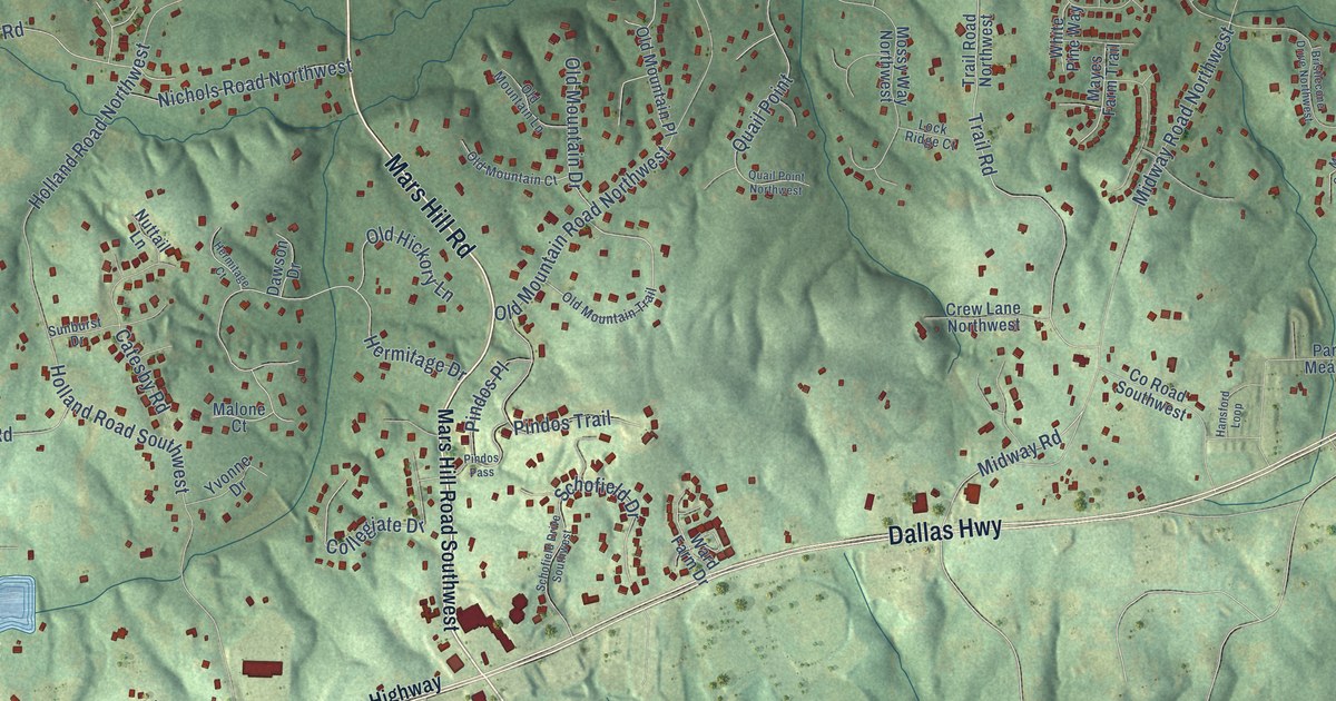 Close-up of streets and buildings in Lost Mountain, Georgia