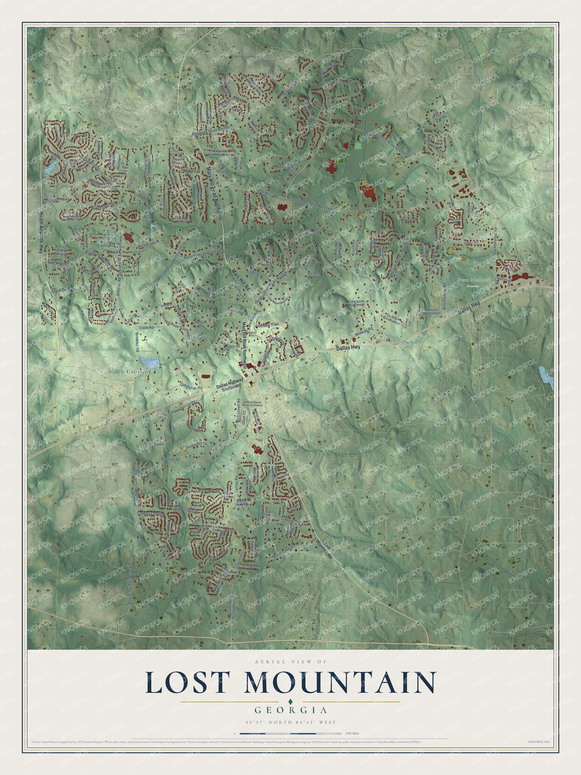 Full map of Lost Mountain, Georgia, with red buildings, printed street names and the land around them