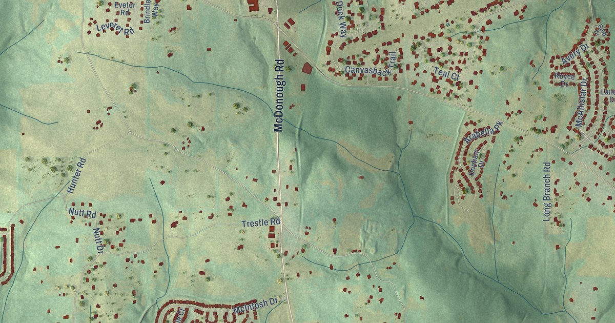 Close-up of streets and buildings in Luella, Georgia