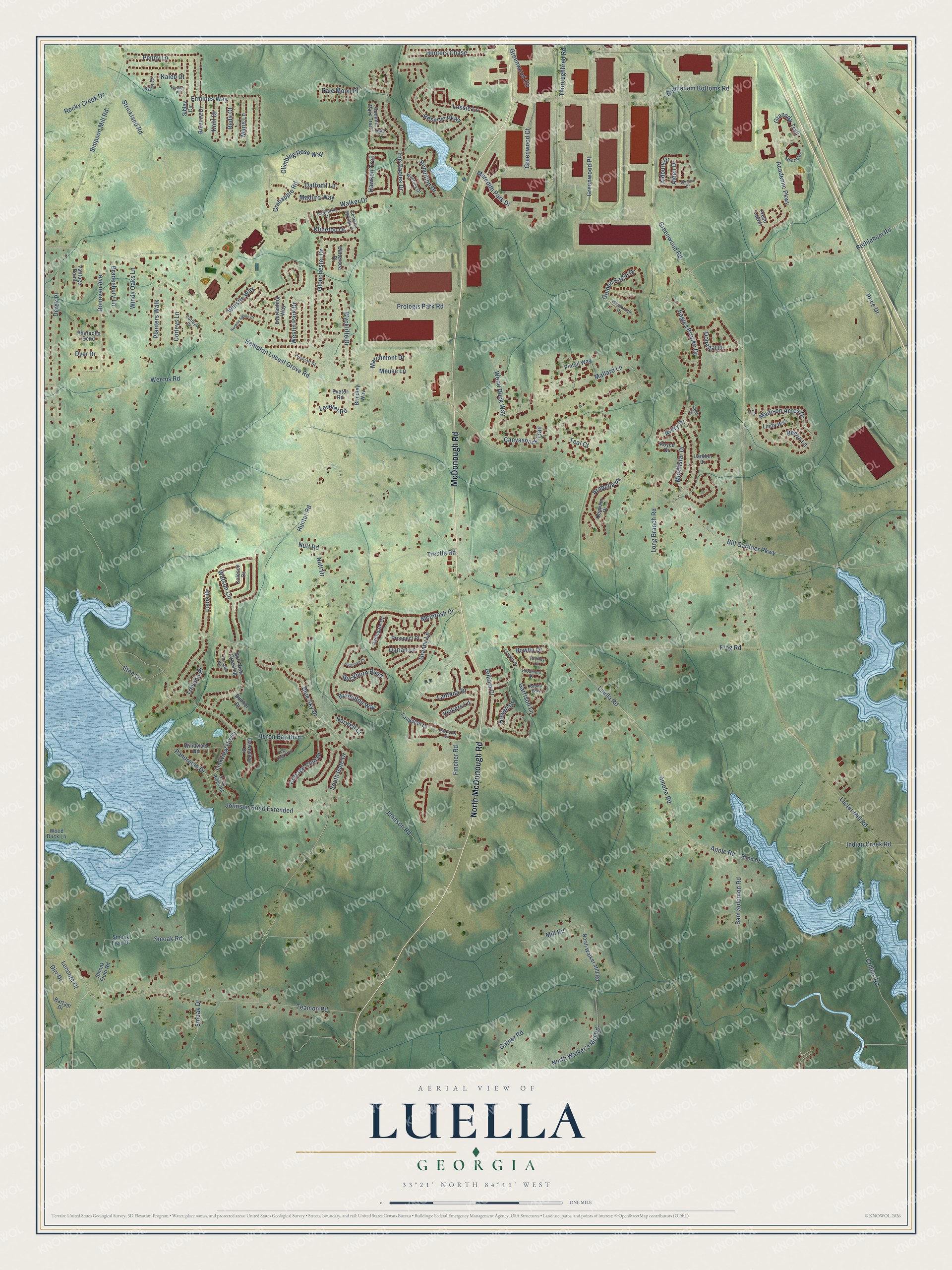 Full map of Luella, Georgia, with red buildings, printed street names and the land around them
