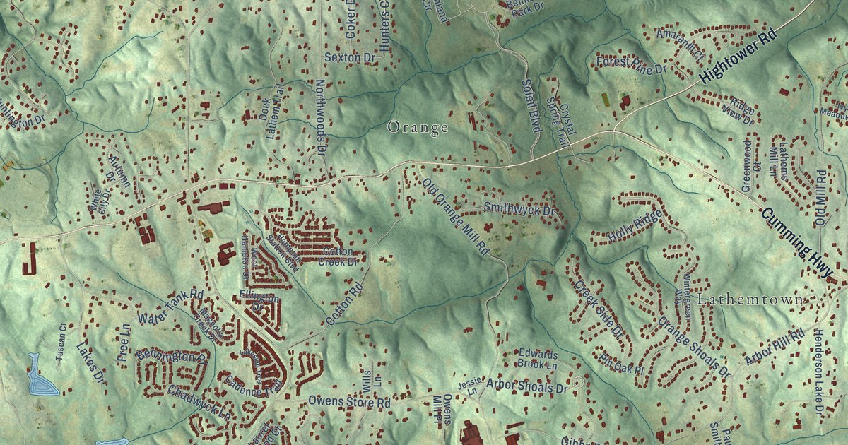 Close-up of streets and buildings in Macedonia, Georgia