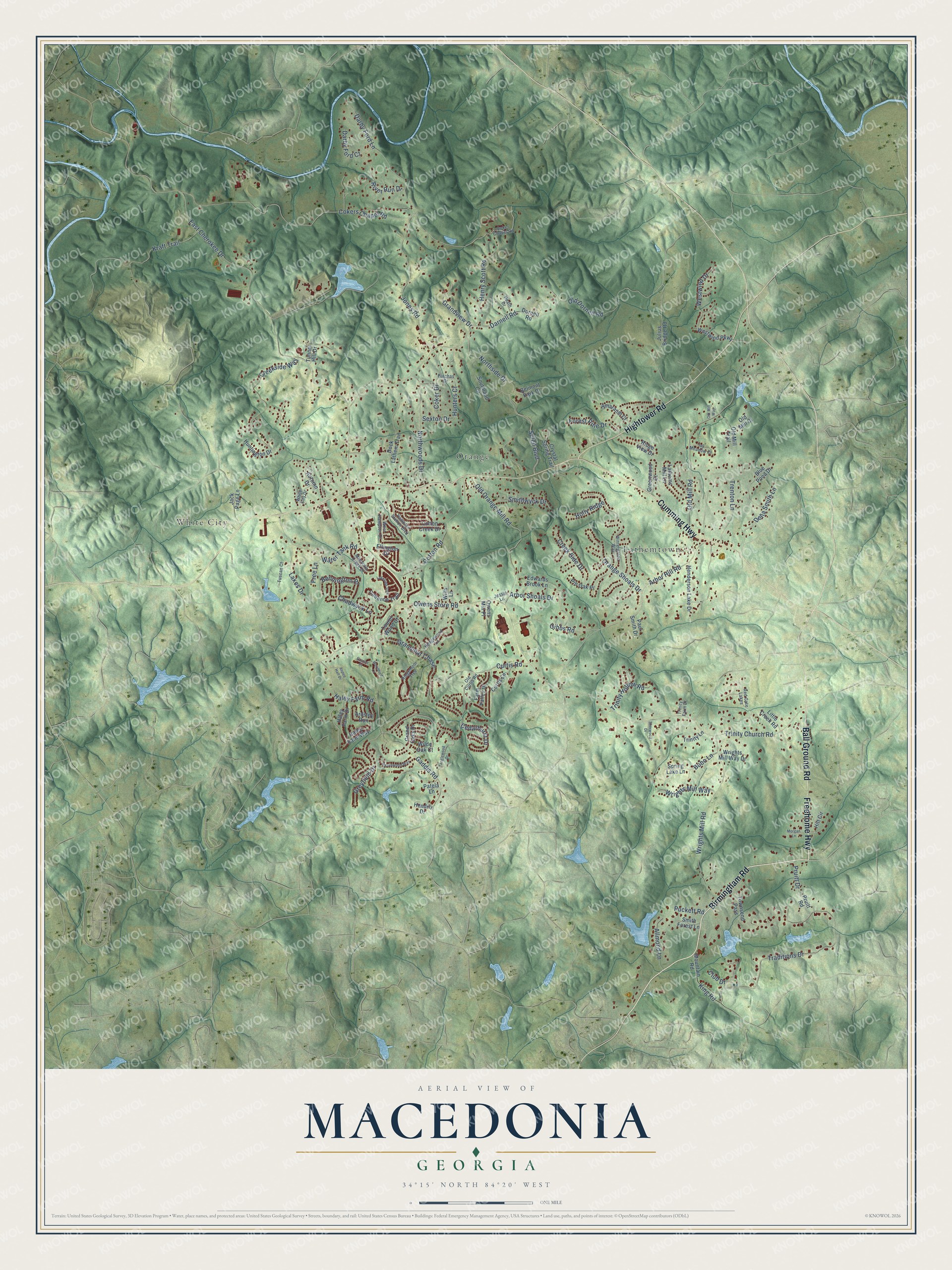 Full map of Macedonia, Georgia, with red buildings, printed street names and the land around them