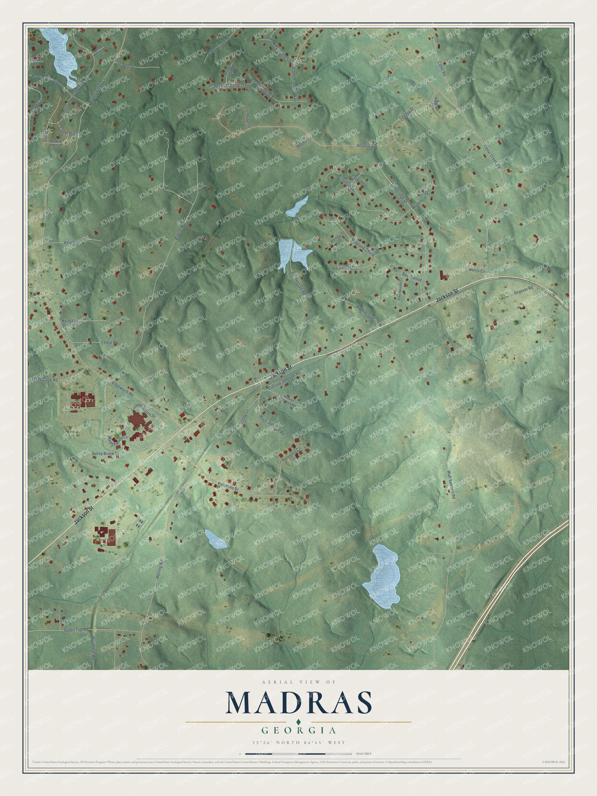 Full map of Madras, Georgia, with red buildings, printed street names and the land around them
