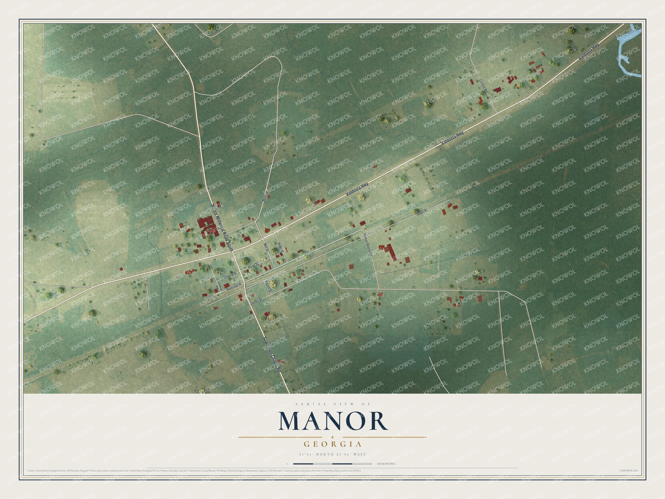 Full map of Manor, Georgia, with red buildings, printed street names and the land around them