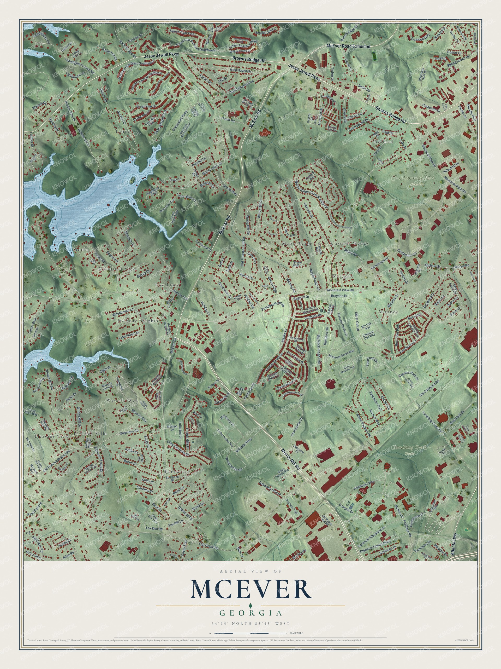 Full map of McEver, Georgia, with red buildings, printed street names and the land around them