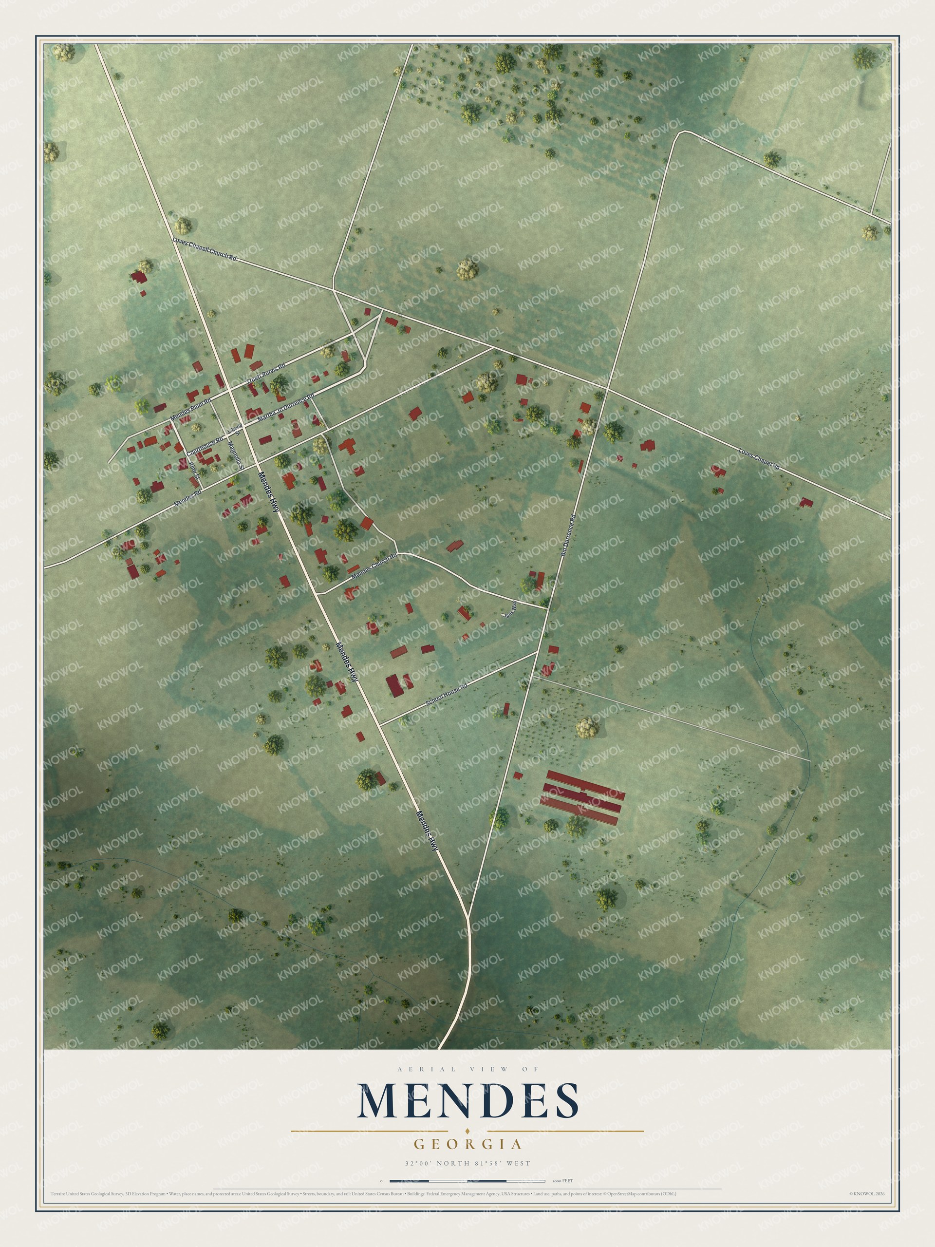Full map of Mendes, Georgia, with red buildings, printed street names and the land around them
