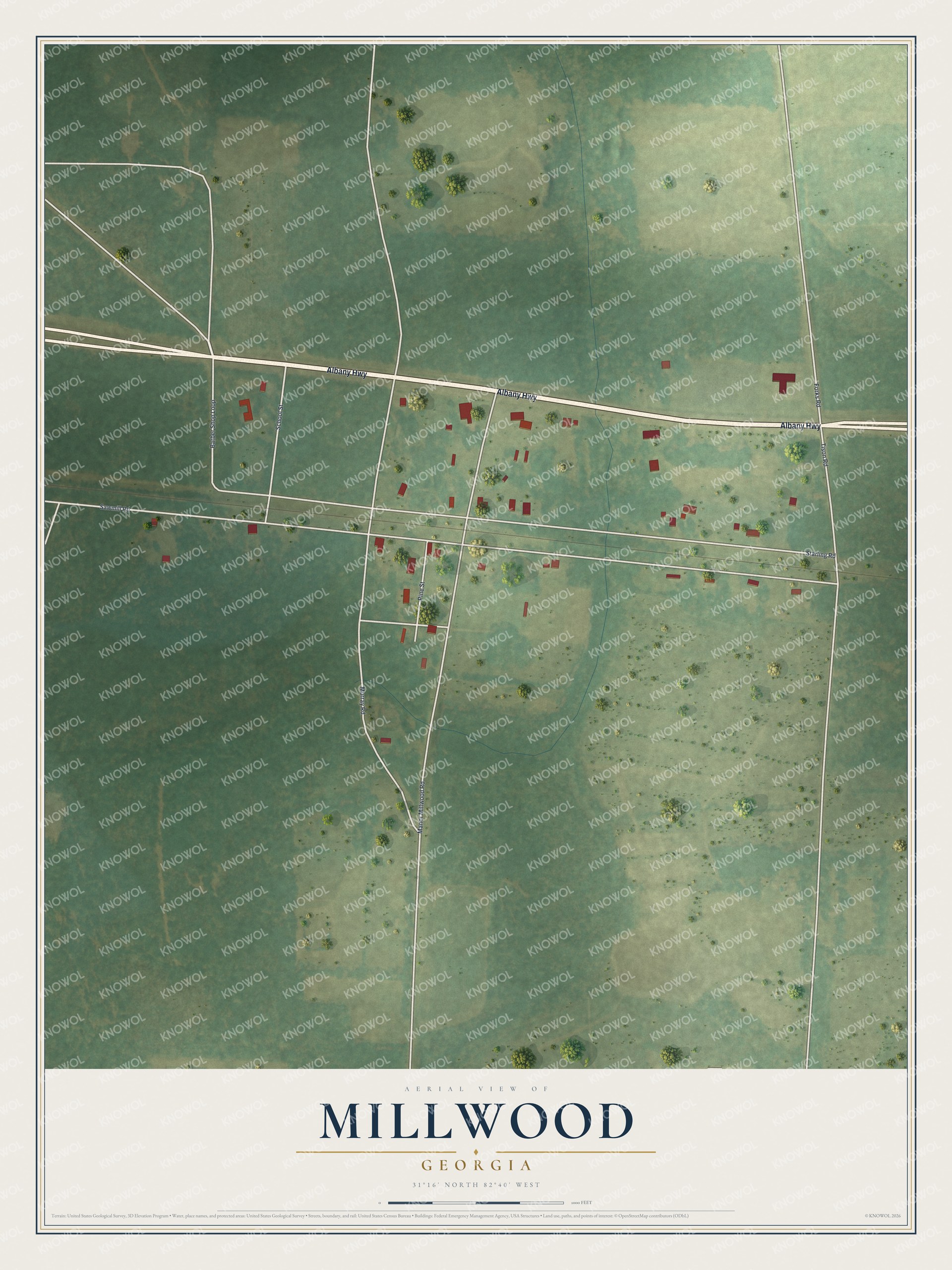 Full map of Millwood, Georgia, with red buildings, printed street names and the land around them