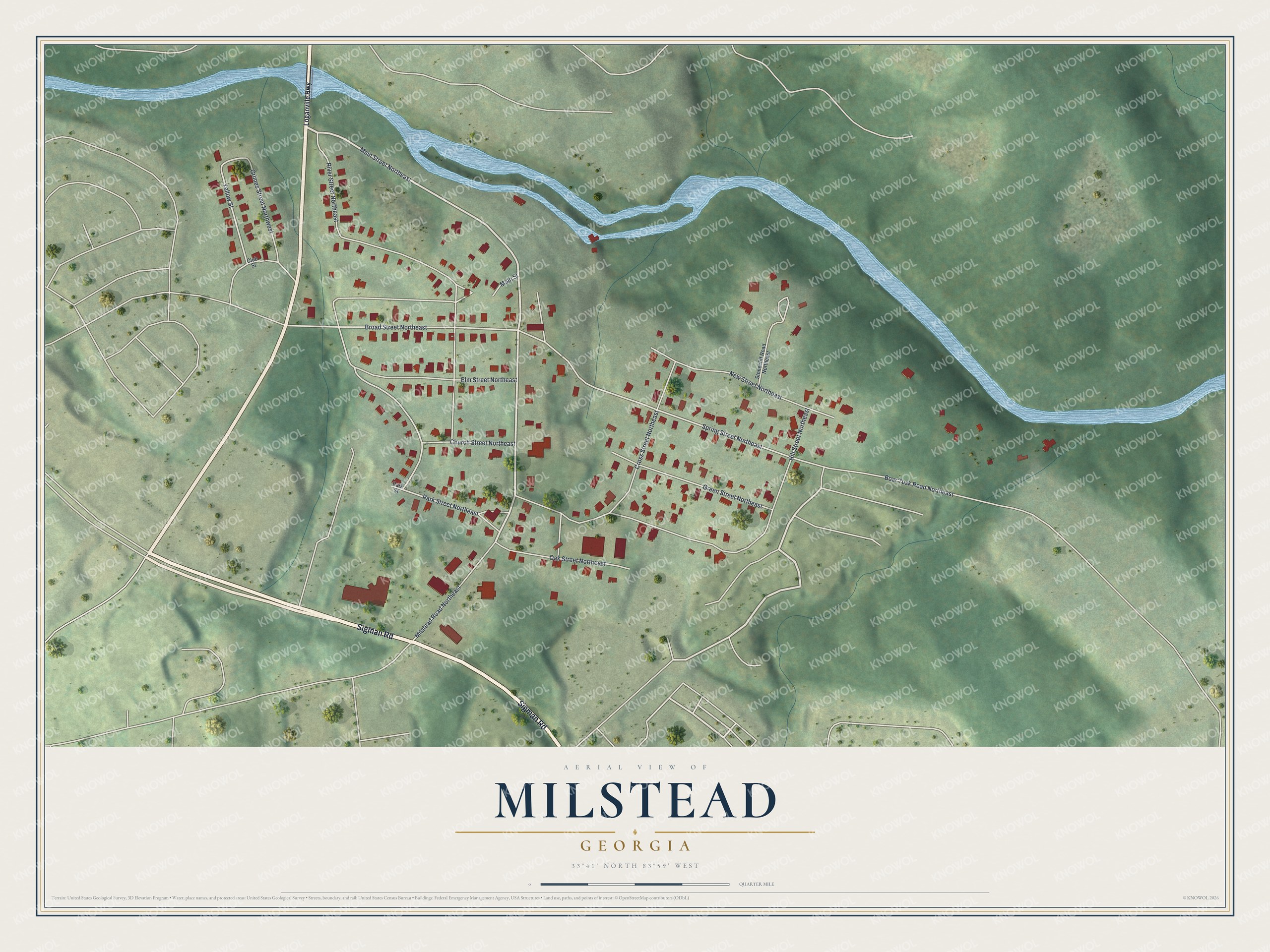 Full map of Milstead, Georgia, with red buildings, printed street names and the land around them