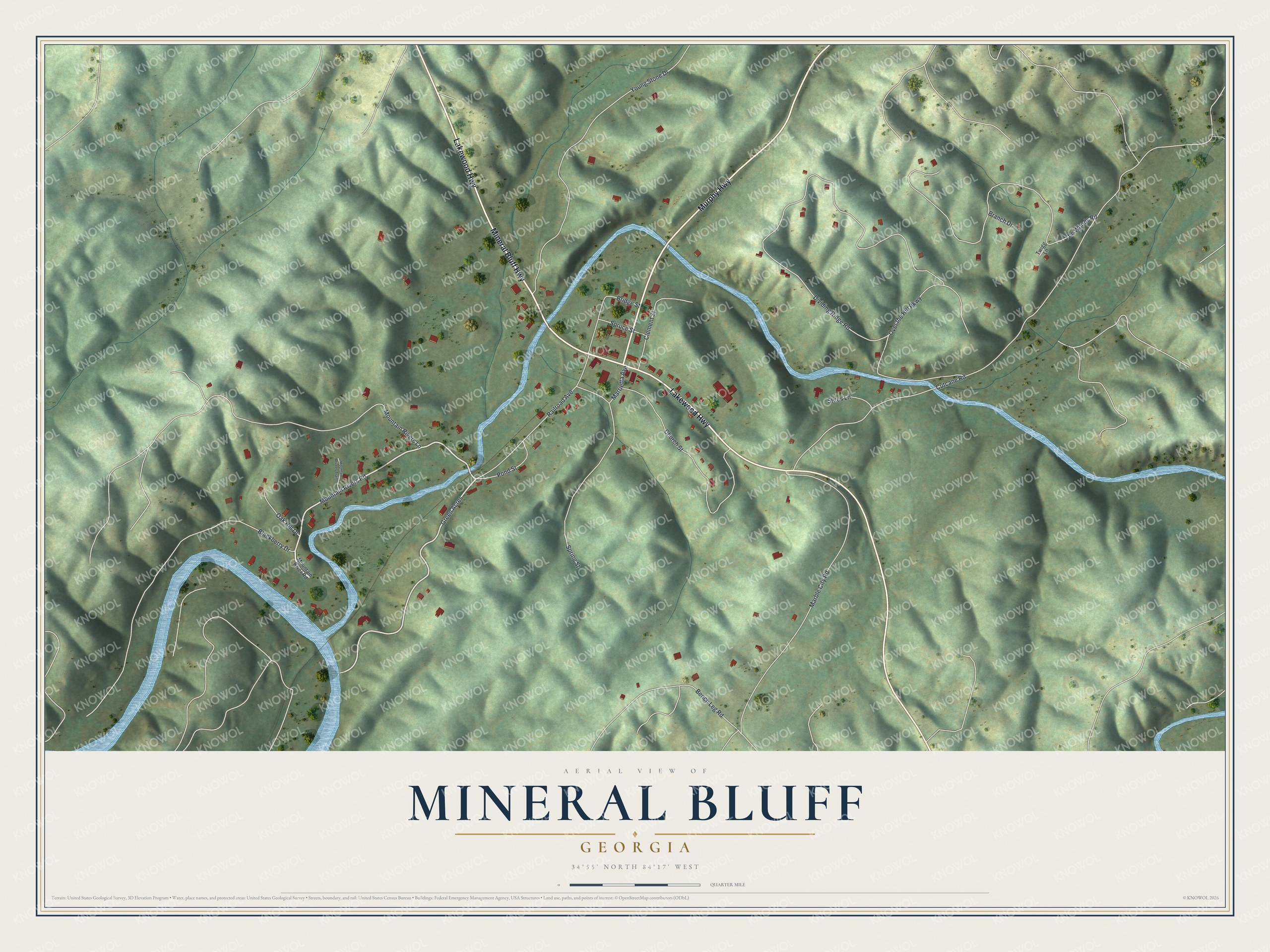 Full map of Mineral Bluff, Georgia, with red buildings, printed street names and the land around them
