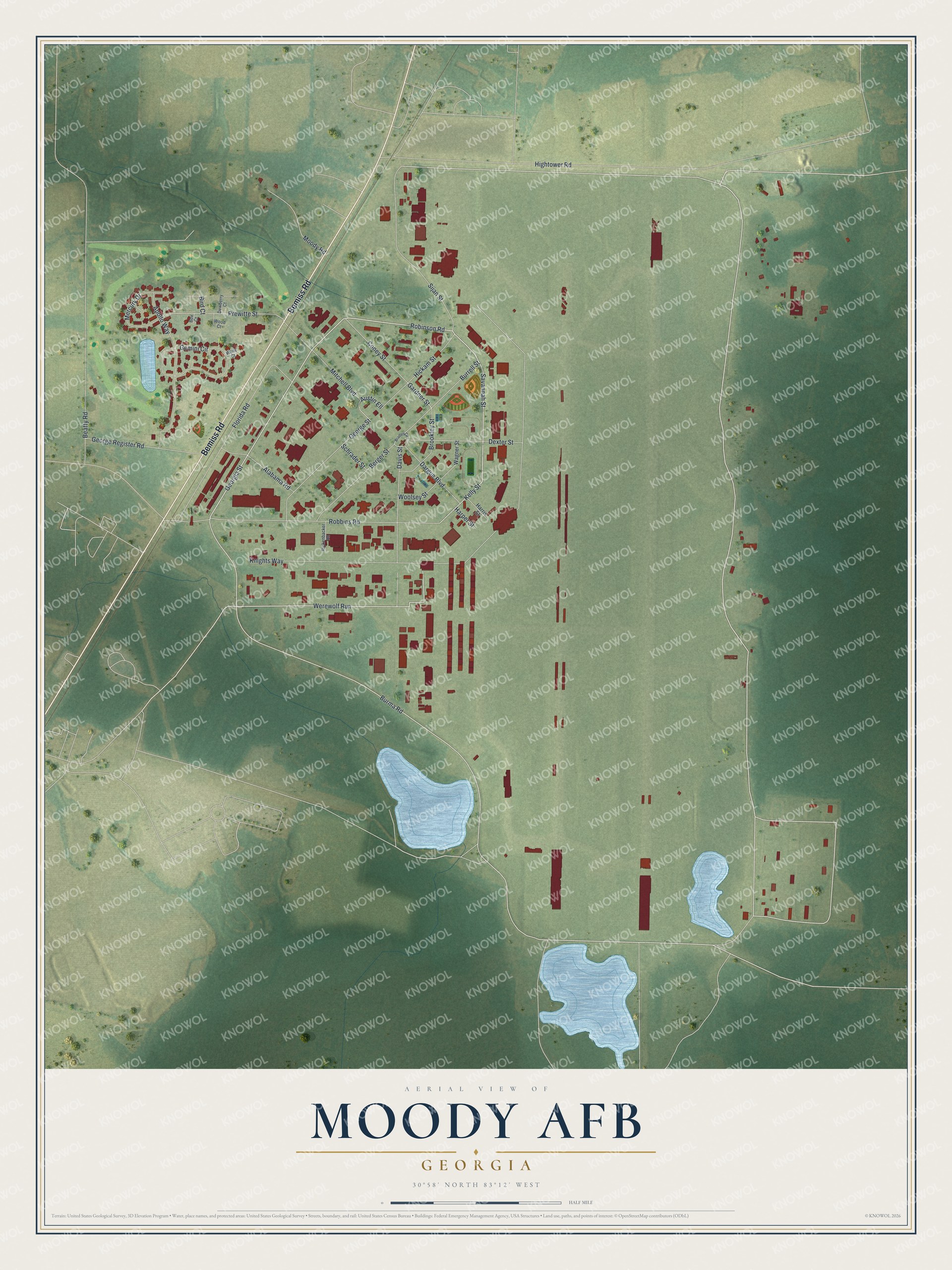 Full map of Moody AFB, Georgia, with red buildings, printed street names and the land around them