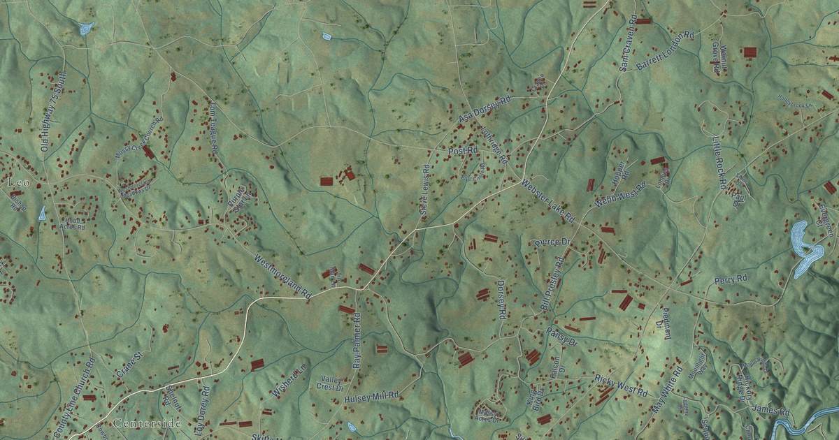 Close-up of streets and buildings in Mossy Creek, Georgia