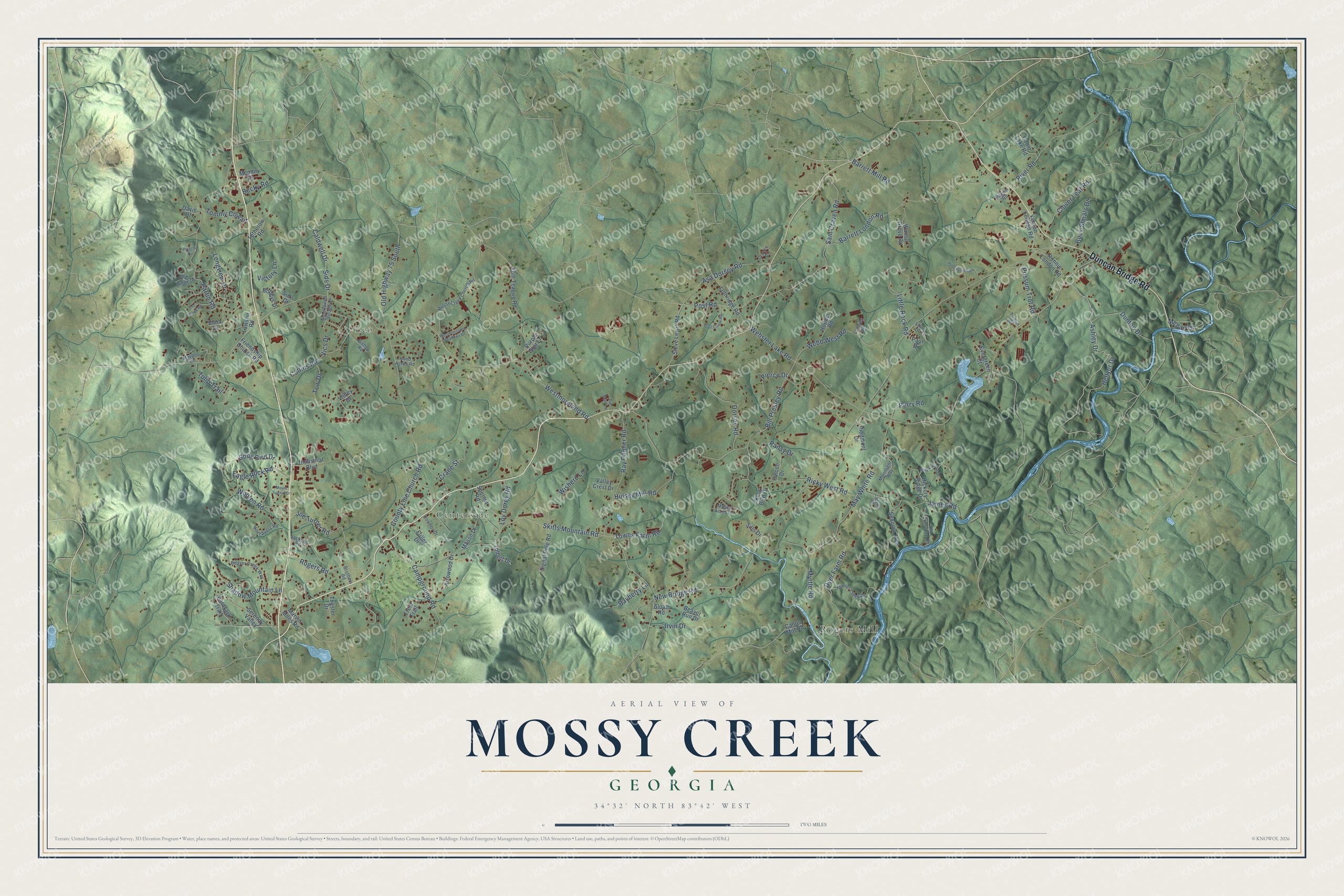 Full map of Mossy Creek, Georgia, with red buildings, printed street names and the land around them