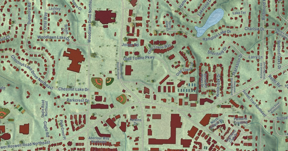 Close-up of streets and buildings in Mount Bethel, Georgia
