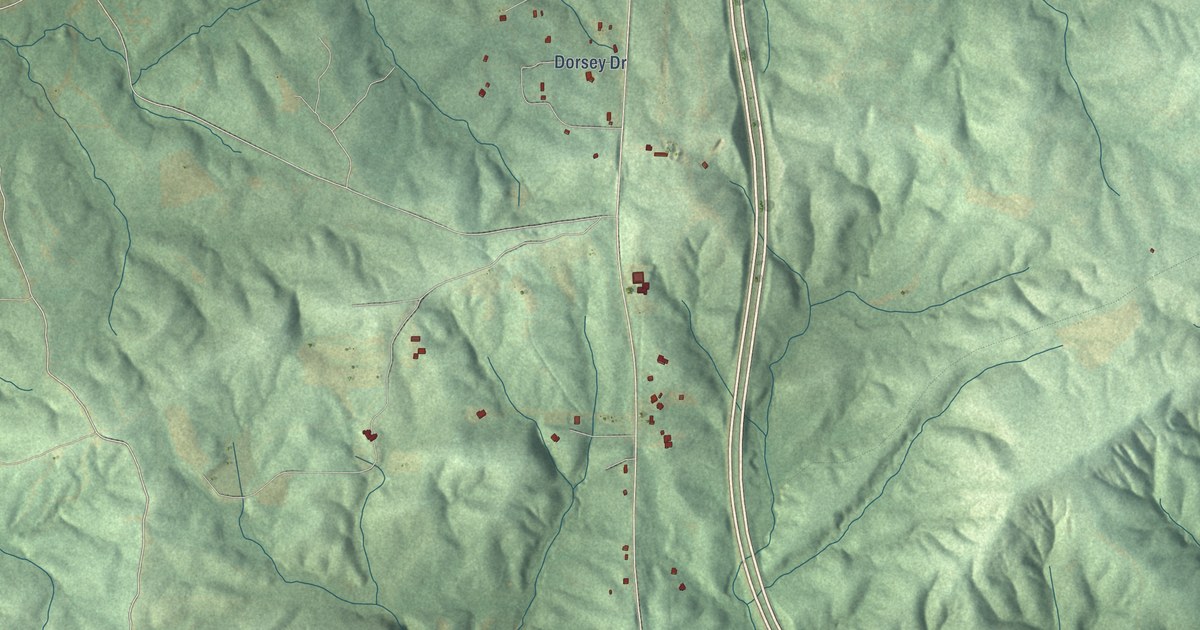Close-up of streets and buildings in Mountain Hill, Georgia