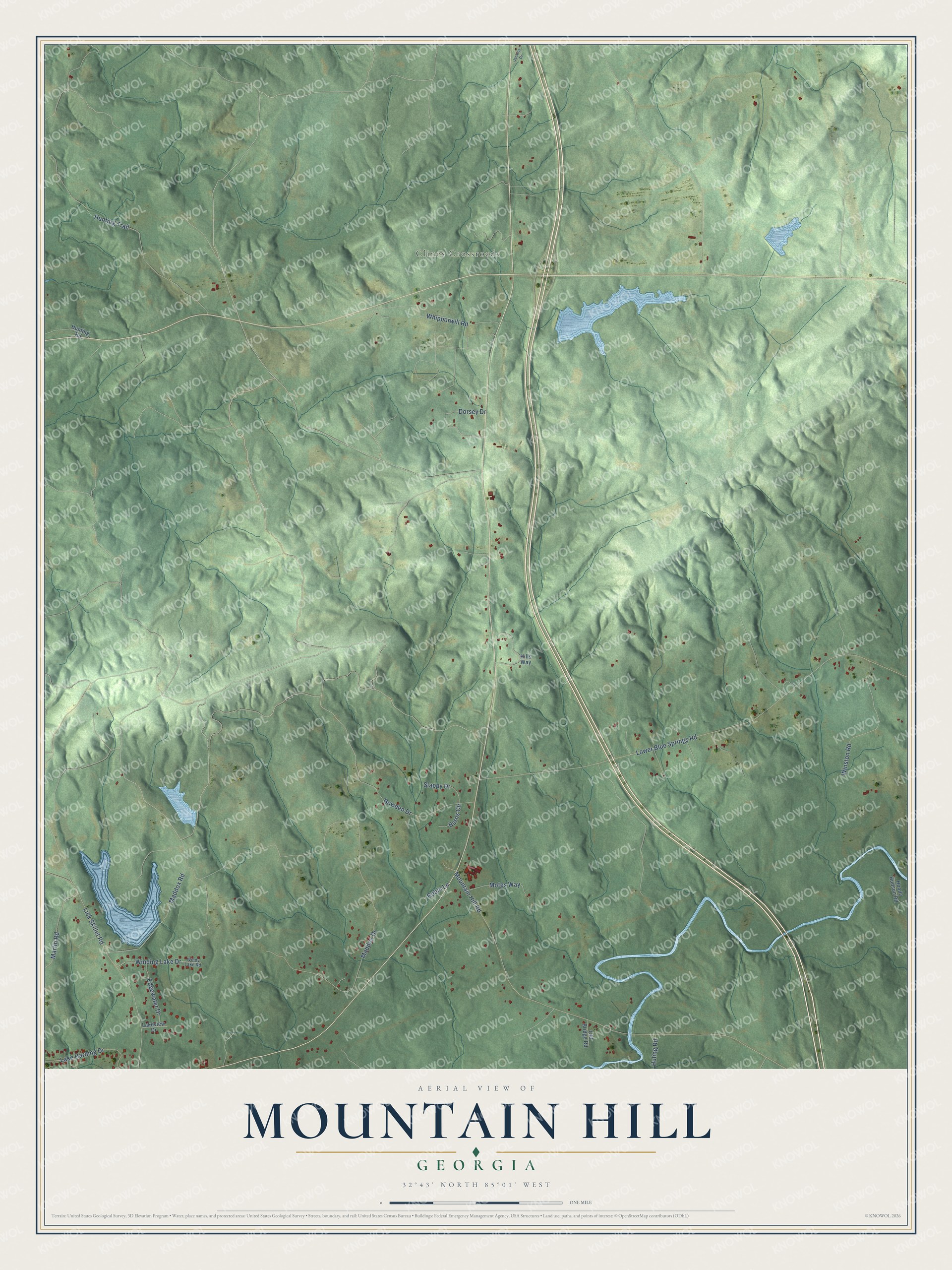 Full map of Mountain Hill, Georgia, with red buildings, printed street names and the land around them