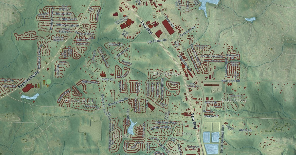 Close-up of streets and buildings in Mundys Mill, Georgia