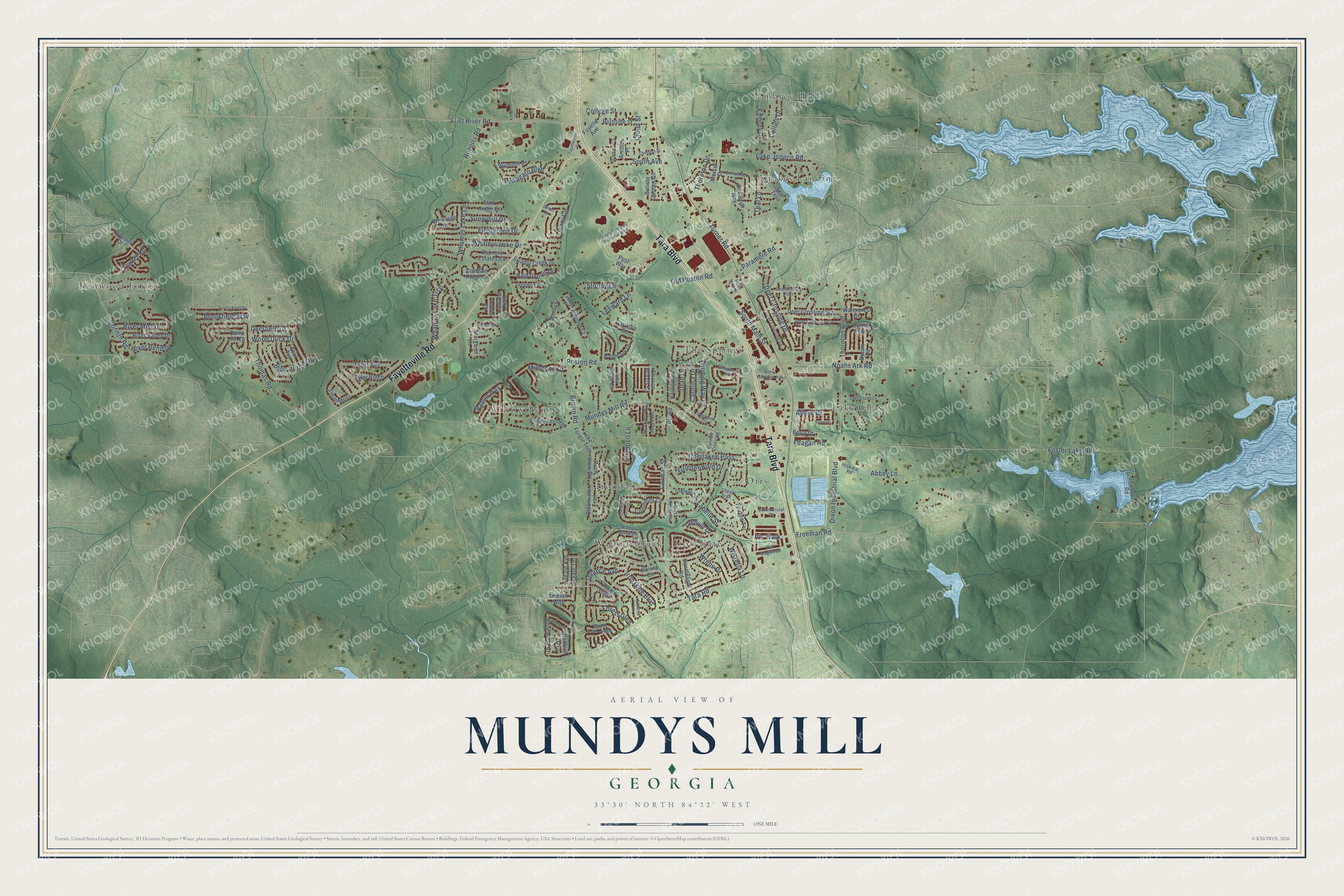 Full map of Mundys Mill, Georgia, with red buildings, printed street names and the land around them