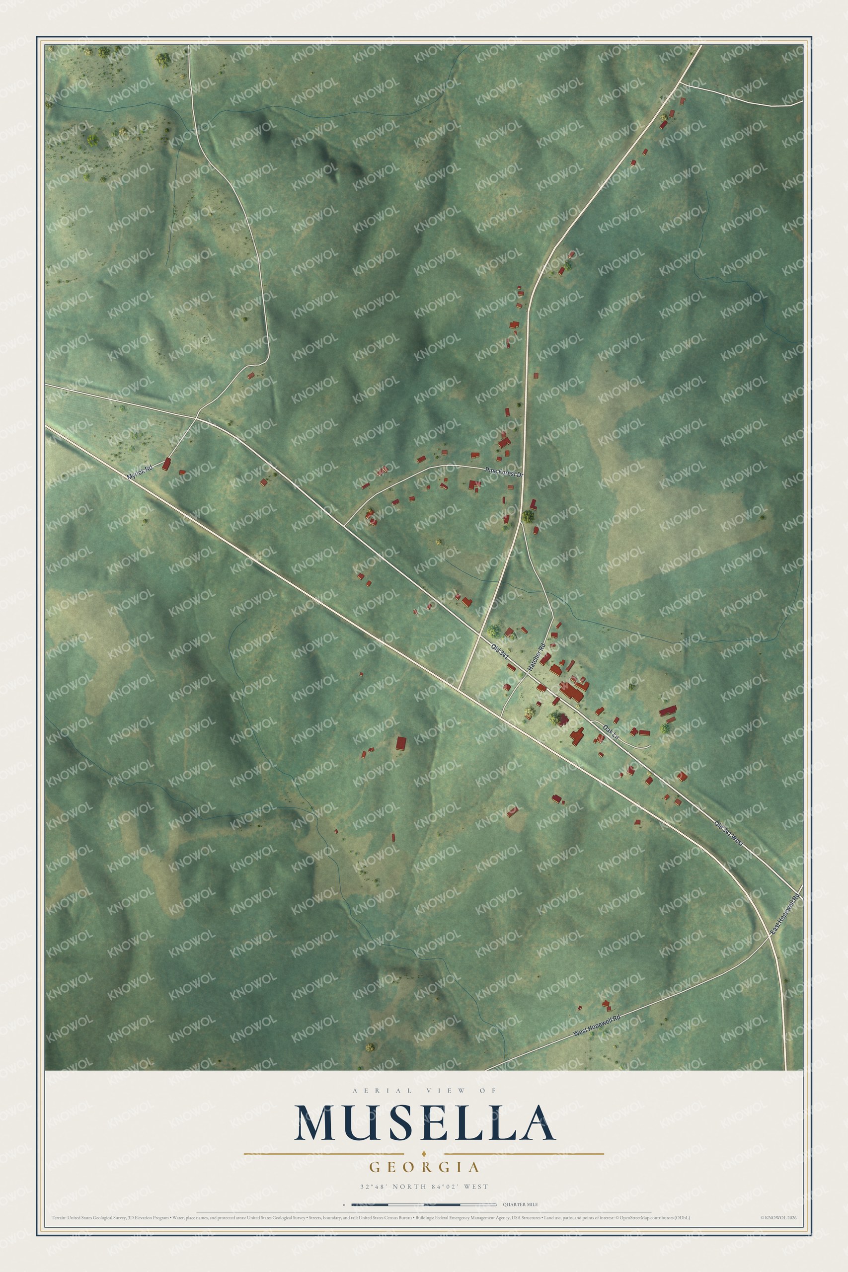 Full map of Musella, Georgia, with red buildings, printed street names and the land around them