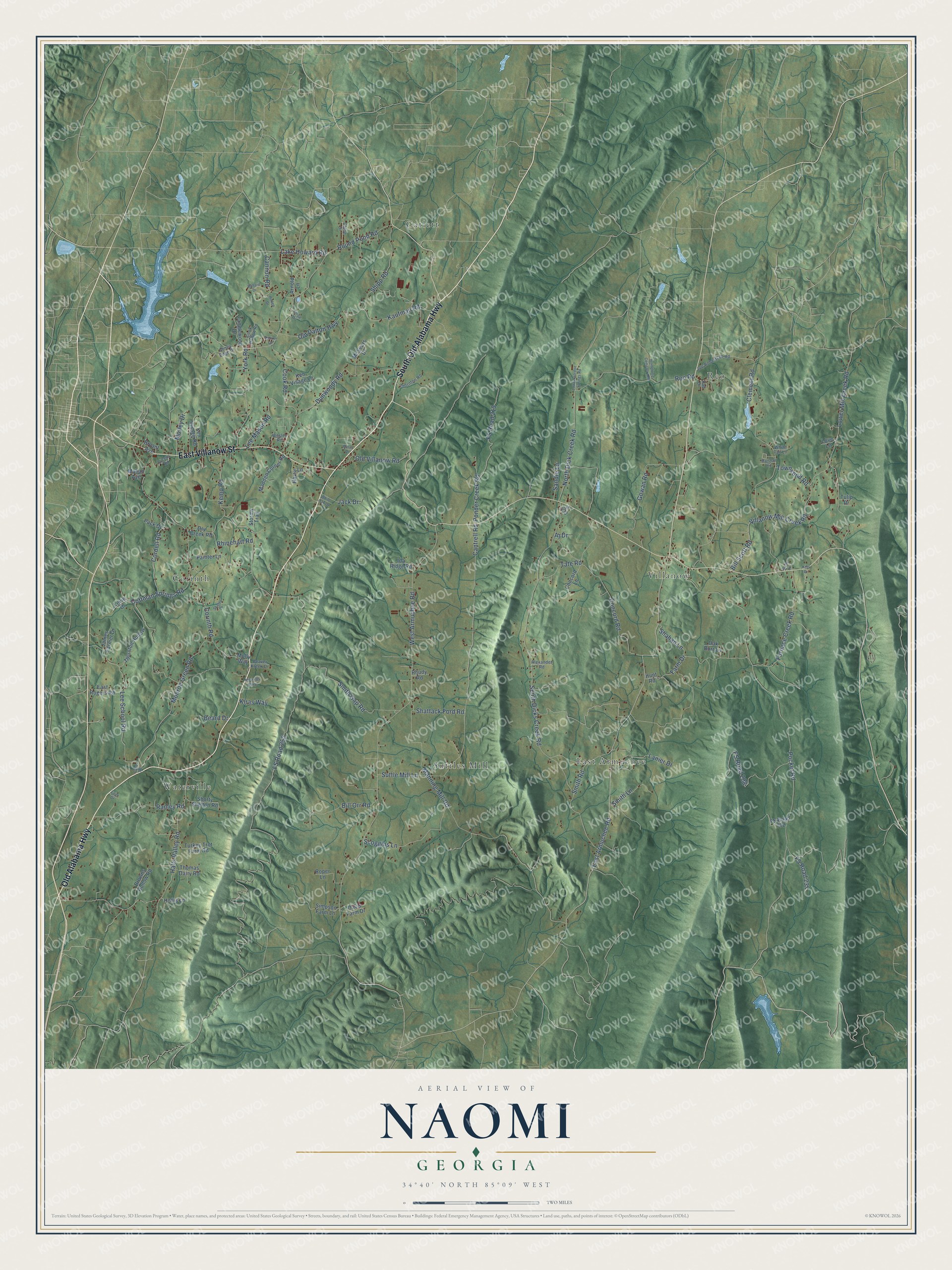 Full map of Naomi, Georgia, with red buildings, printed street names and the land around them