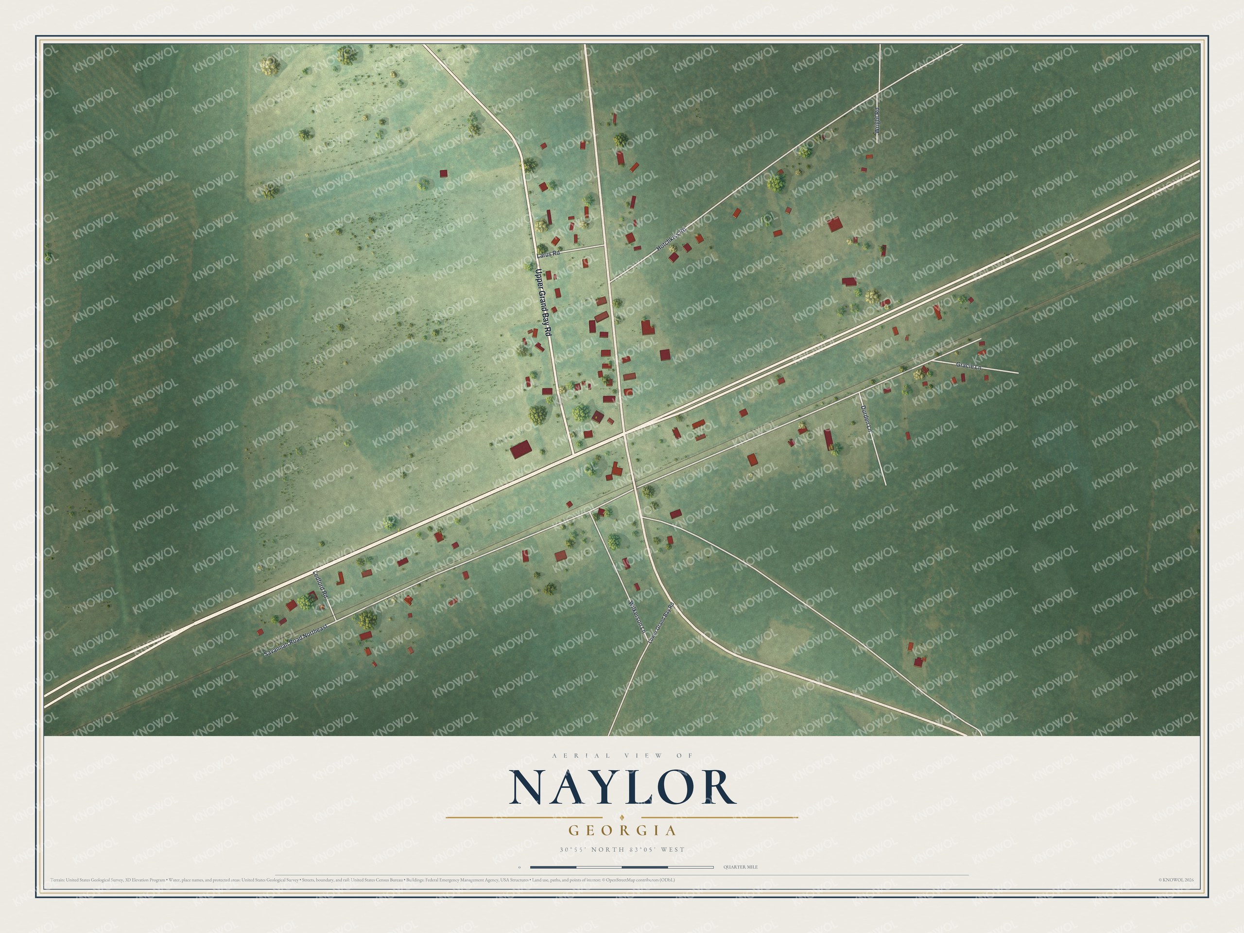 Full map of Naylor, Georgia, with red buildings, printed street names and the land around them