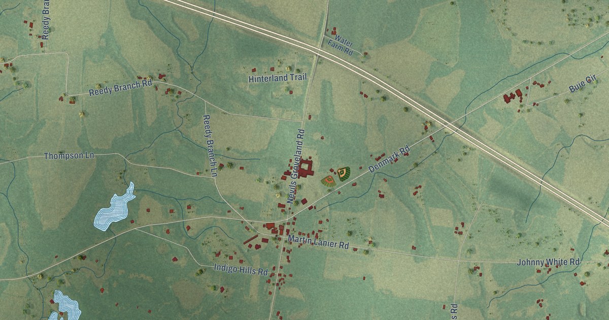 Close-up of streets and buildings in Nevils, Georgia