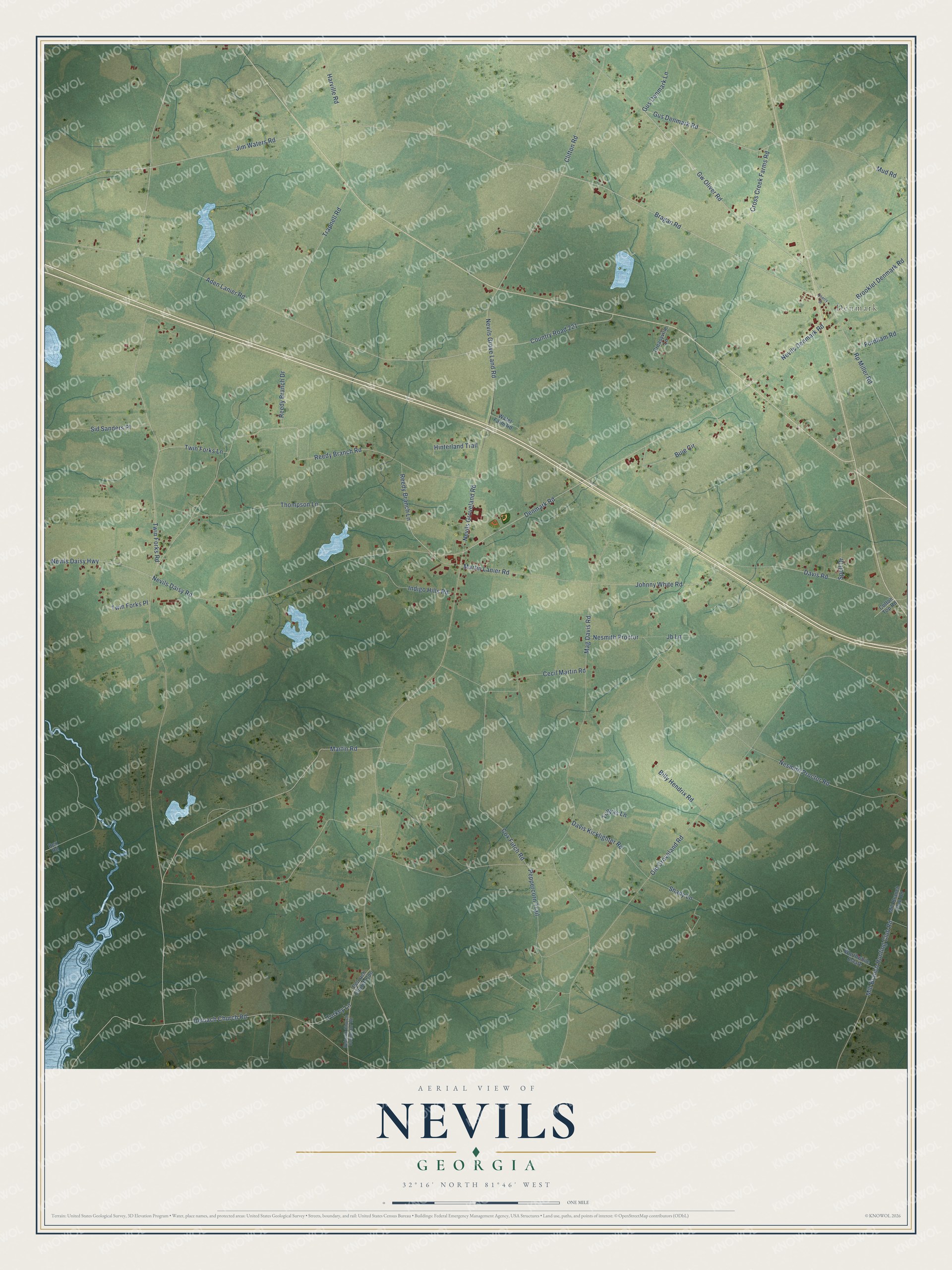 Full map of Nevils, Georgia, with red buildings, printed street names and the land around them