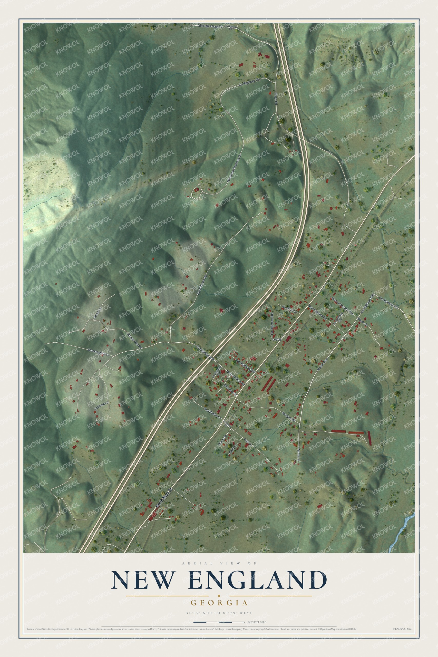 Full map of New England, Georgia, with red buildings, printed street names and the land around them