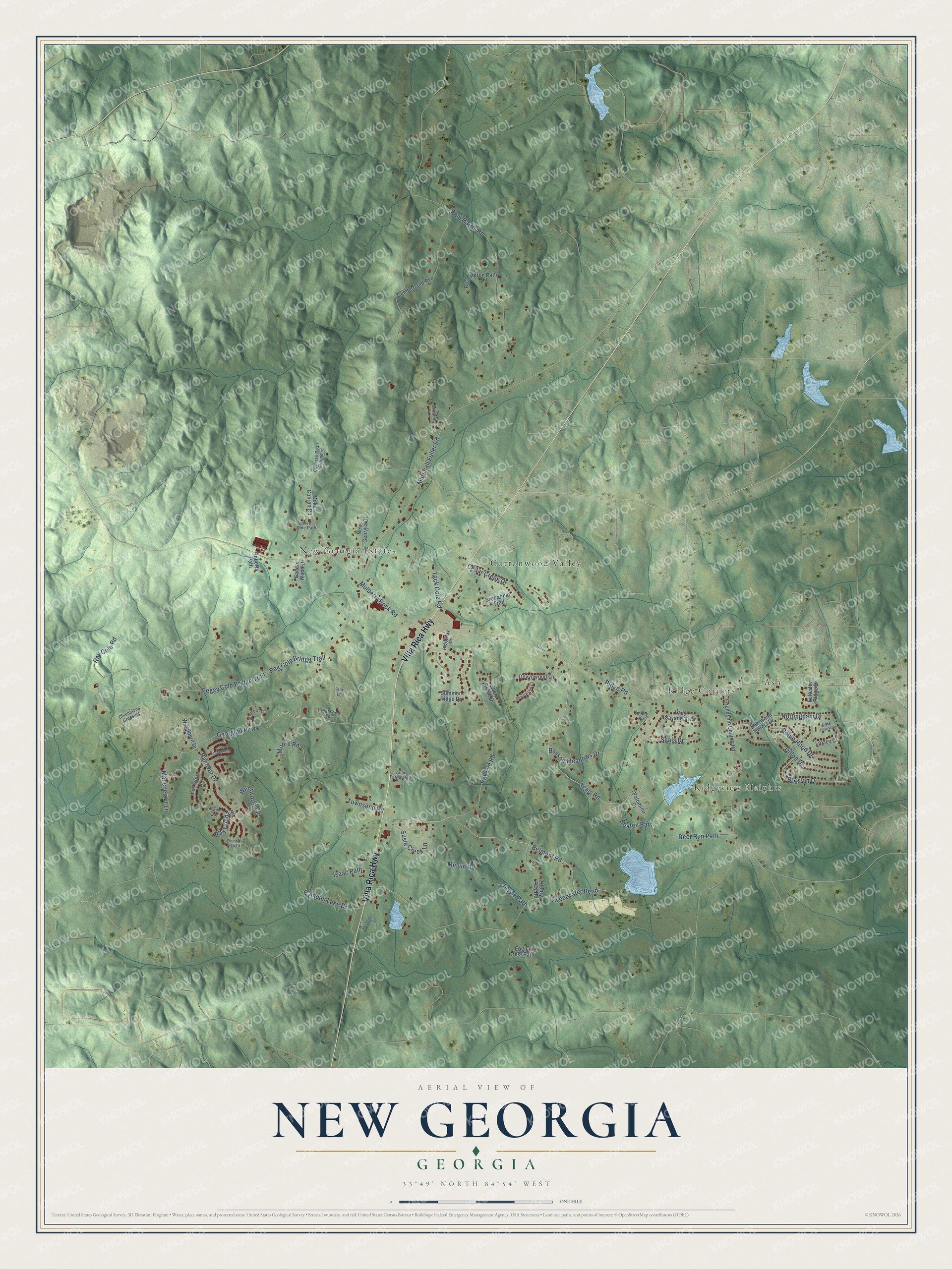 Full map of New Georgia, Georgia, with red buildings, printed street names and the land around them