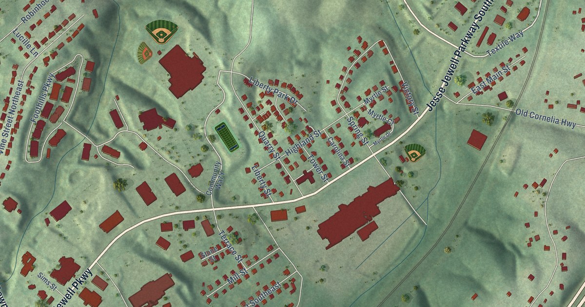Close-up of streets and buildings in New Holland, Georgia