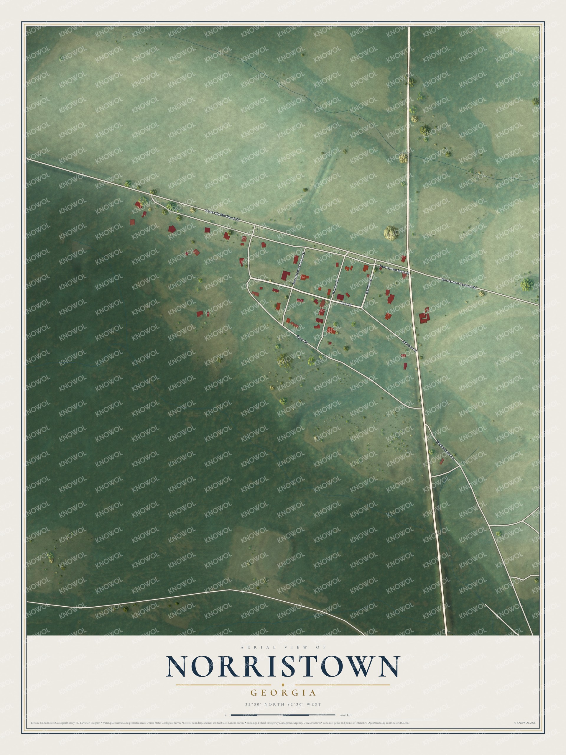Full map of Norristown, Georgia, with red buildings, printed street names and the land around them