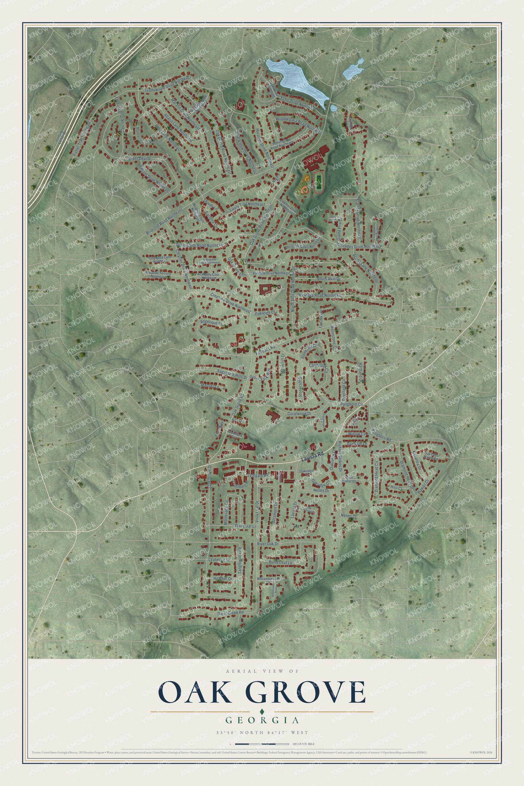 Full map of Oak Grove, Georgia, with red buildings, printed street names and the land around them