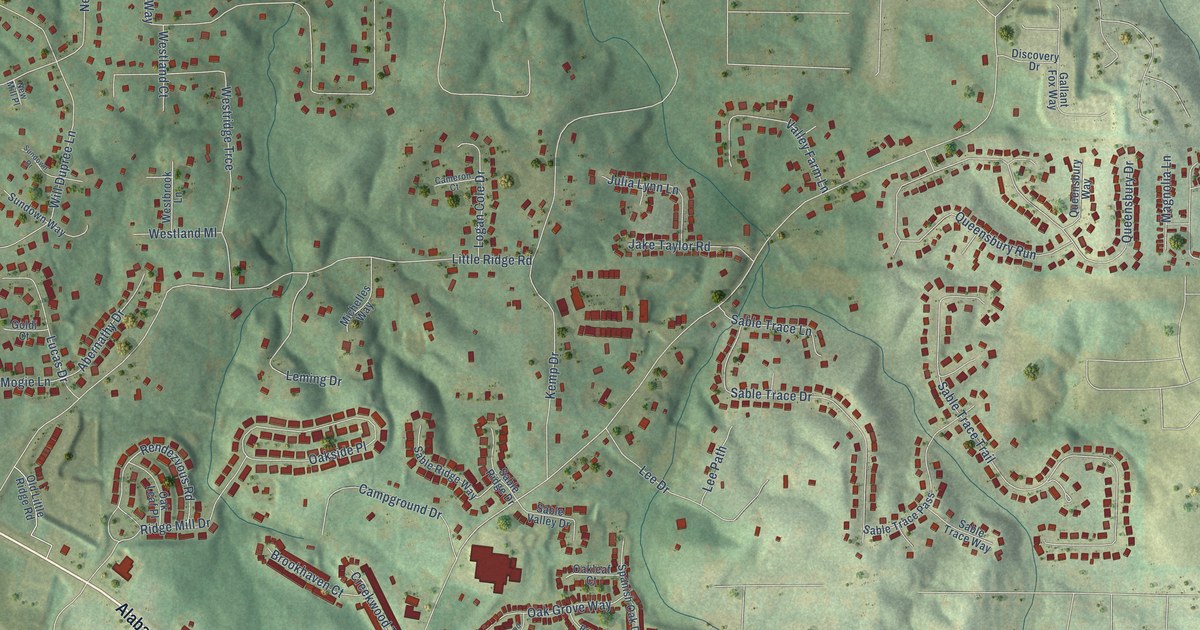 Close-up of streets and buildings in Oak Grove, Georgia