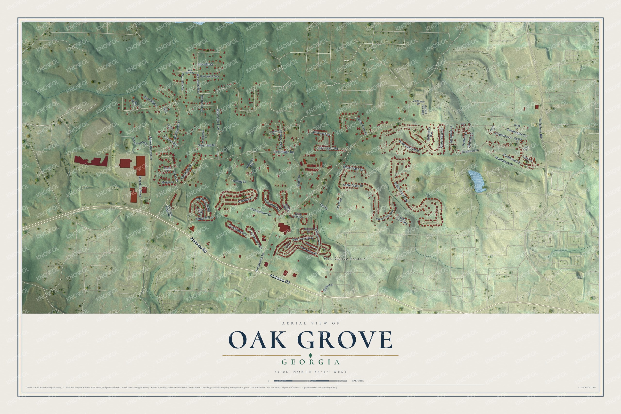 Full map of Oak Grove, Georgia, with red buildings, printed street names and the land around them